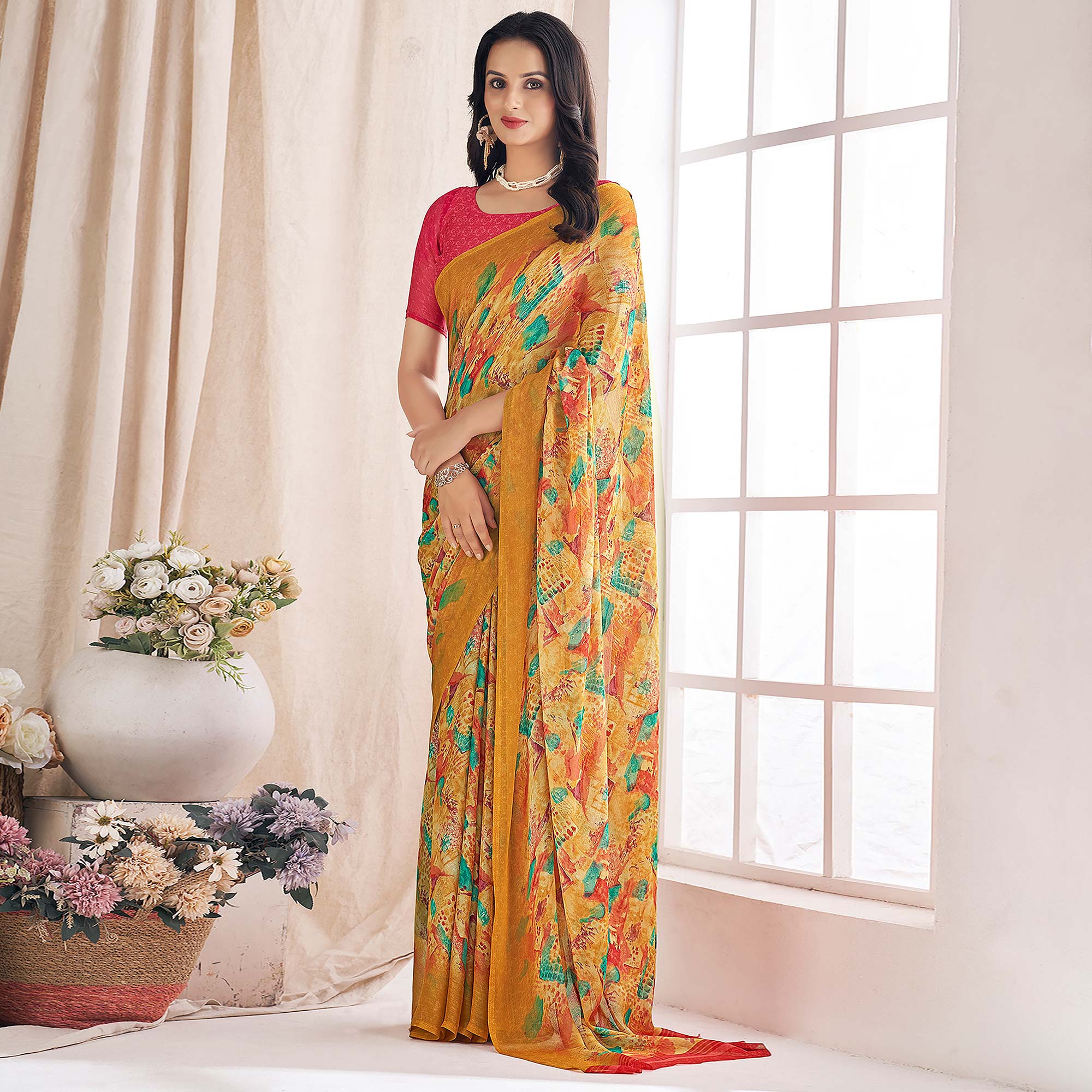 Mustard Printed Chiffon Saree