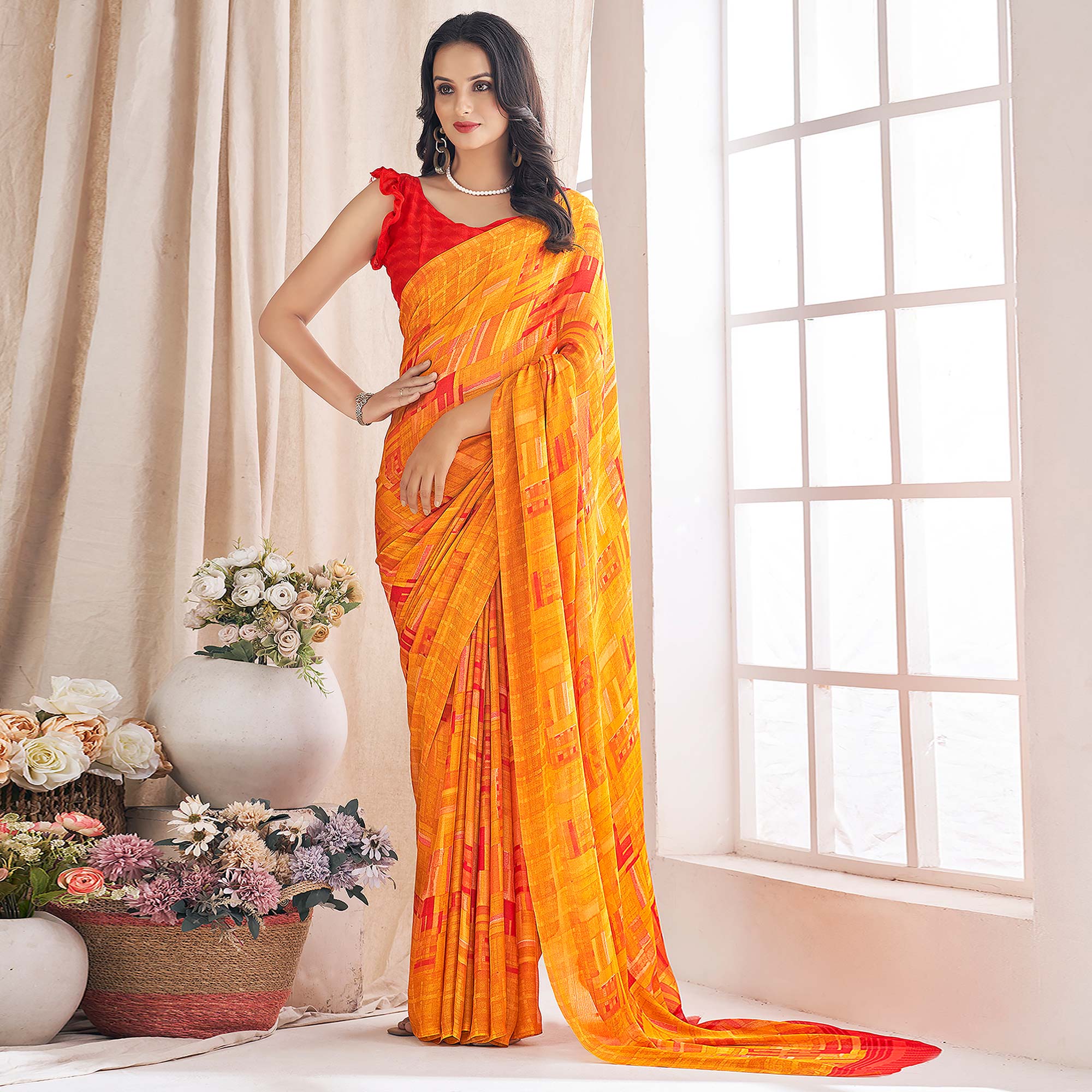 Mustard Geometric Printed Chiffon Saree