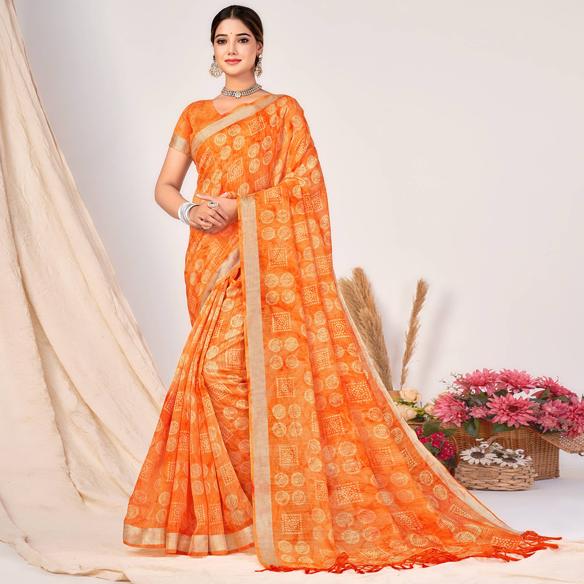 Orange Printed Cotton Silk Saree With Woven Border