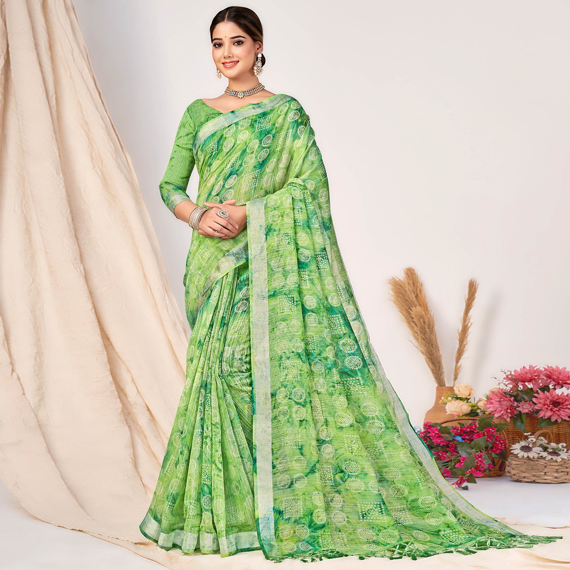 Pista Green Printed Cotton Silk Saree With Woven Border