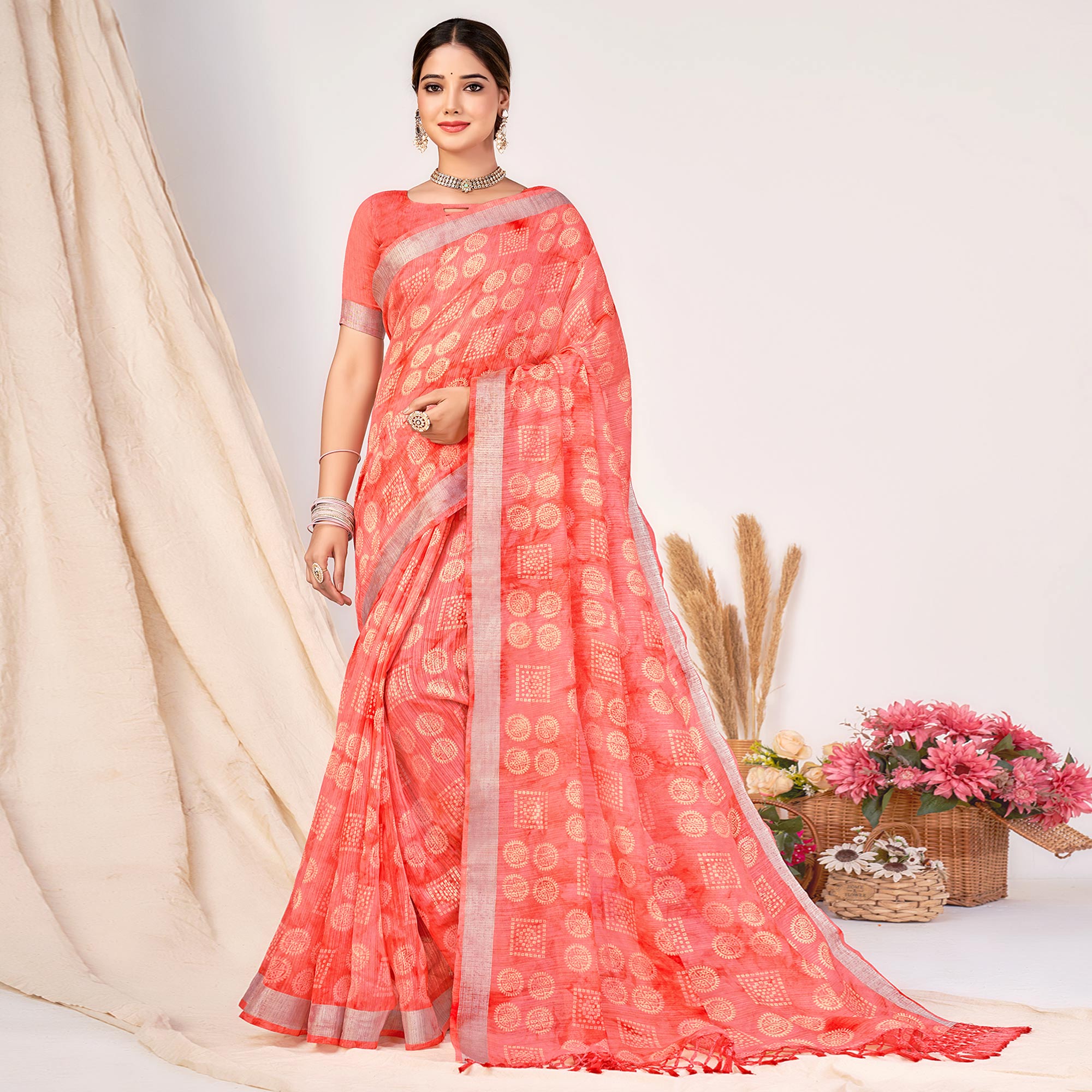 Salmon Pink Printed Cotton Silk Saree With Woven Border