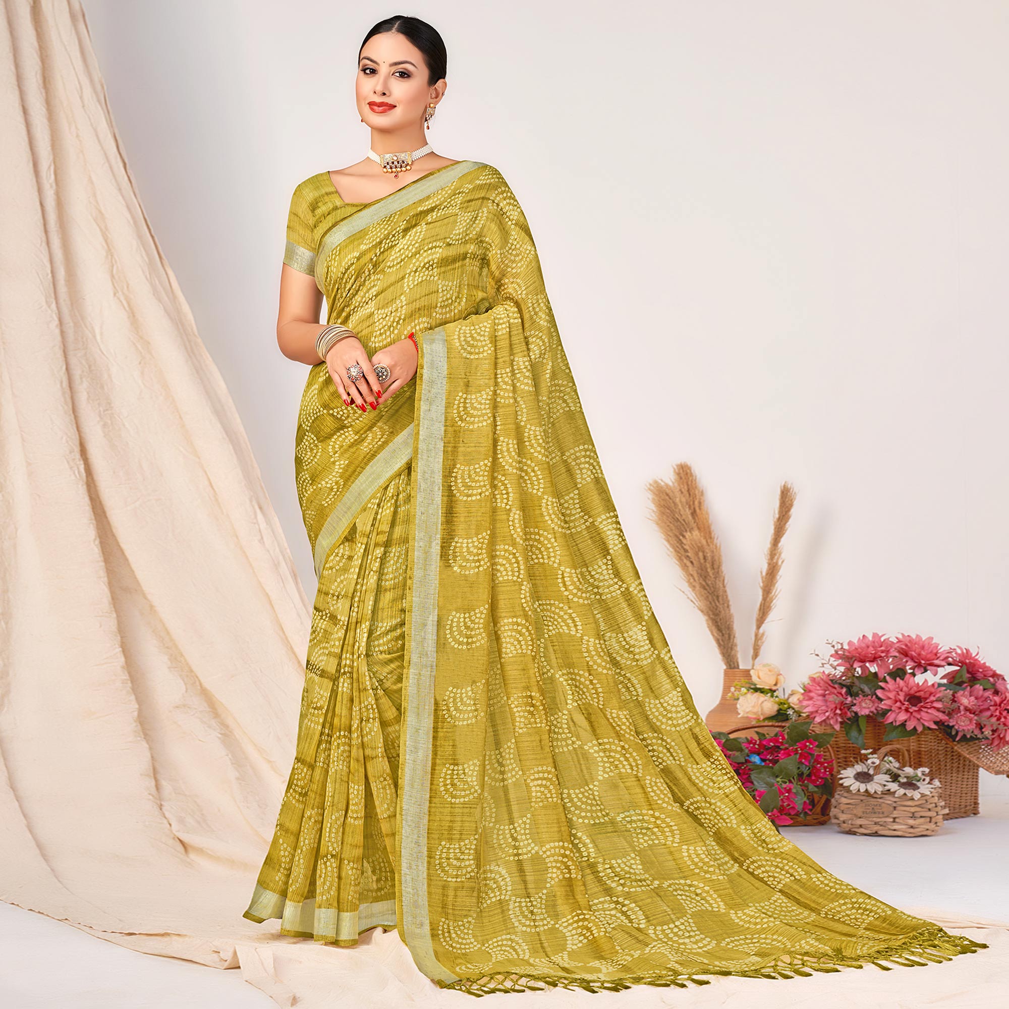 Olive Green Printed Cotton Silk Saree With Woven Border