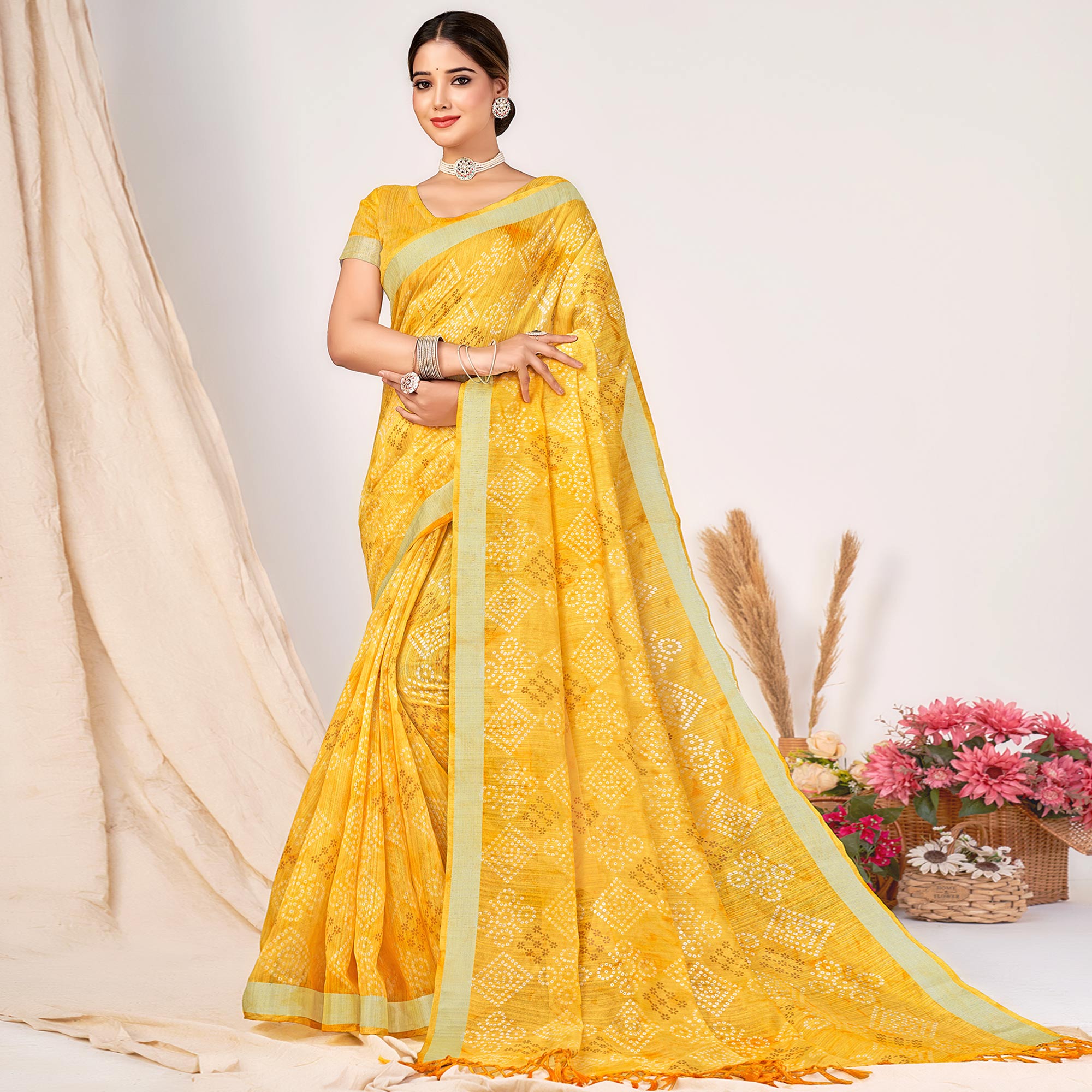 Yellow Printed Cotton Silk Saree With Woven Border