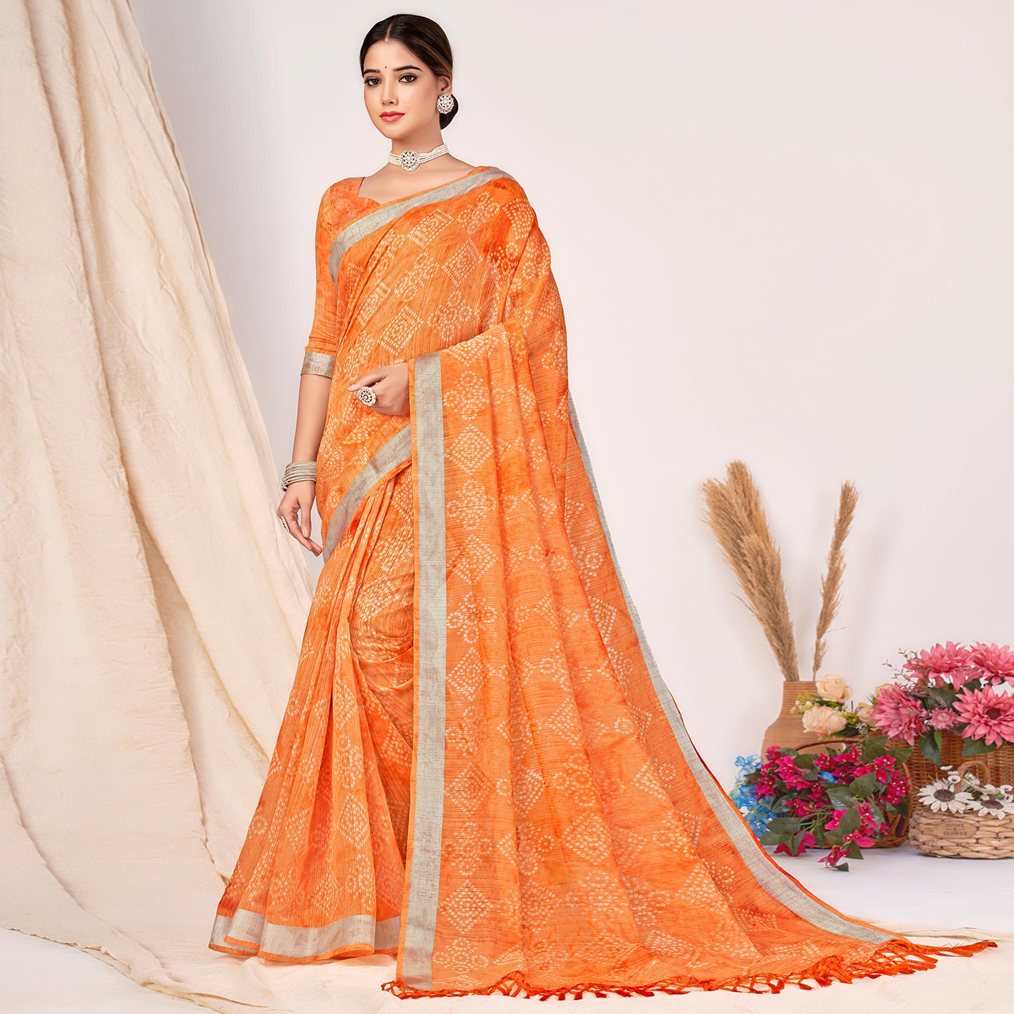 Orange Printed Cotton Silk Saree With Woven Border