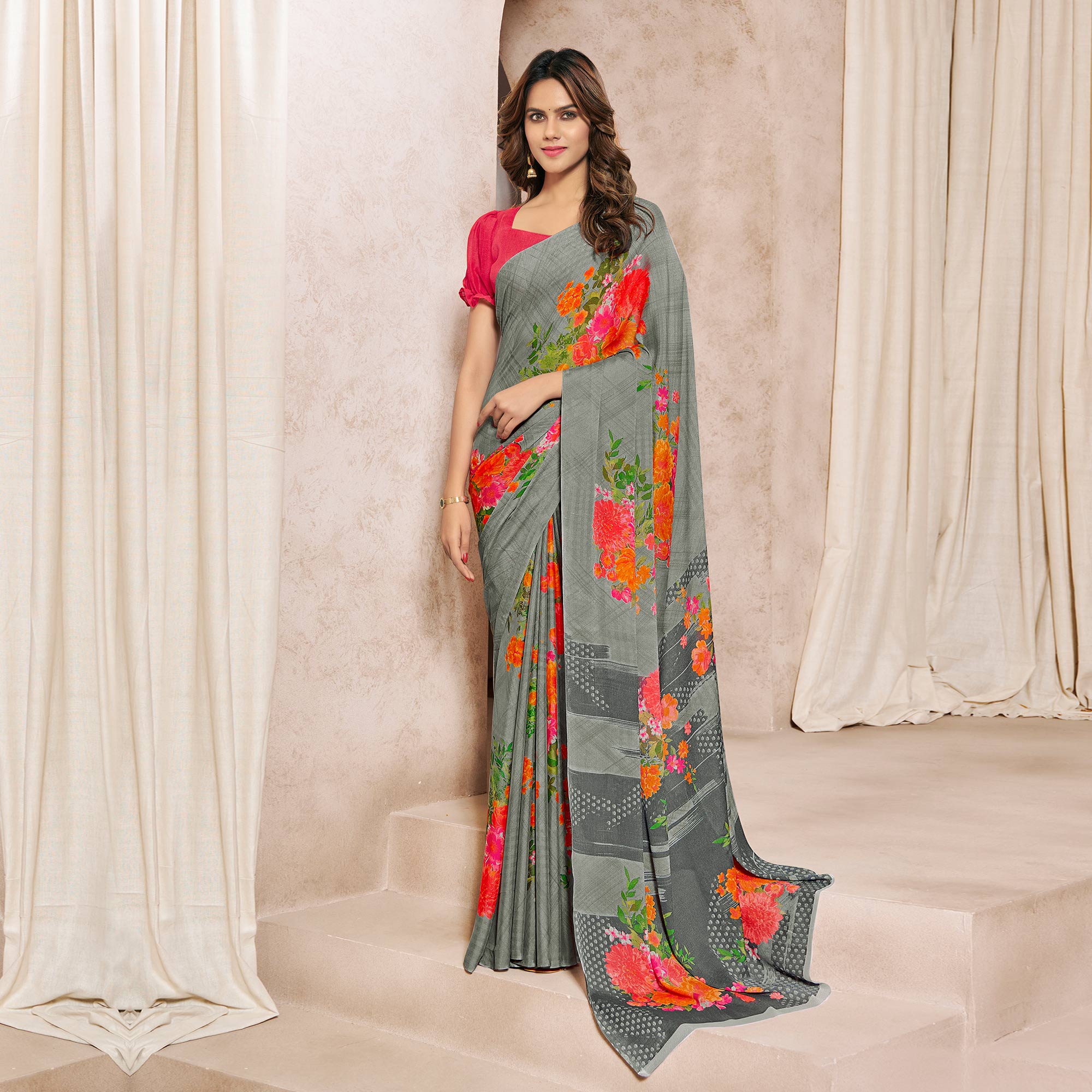 Grey Printed Georgette Saree