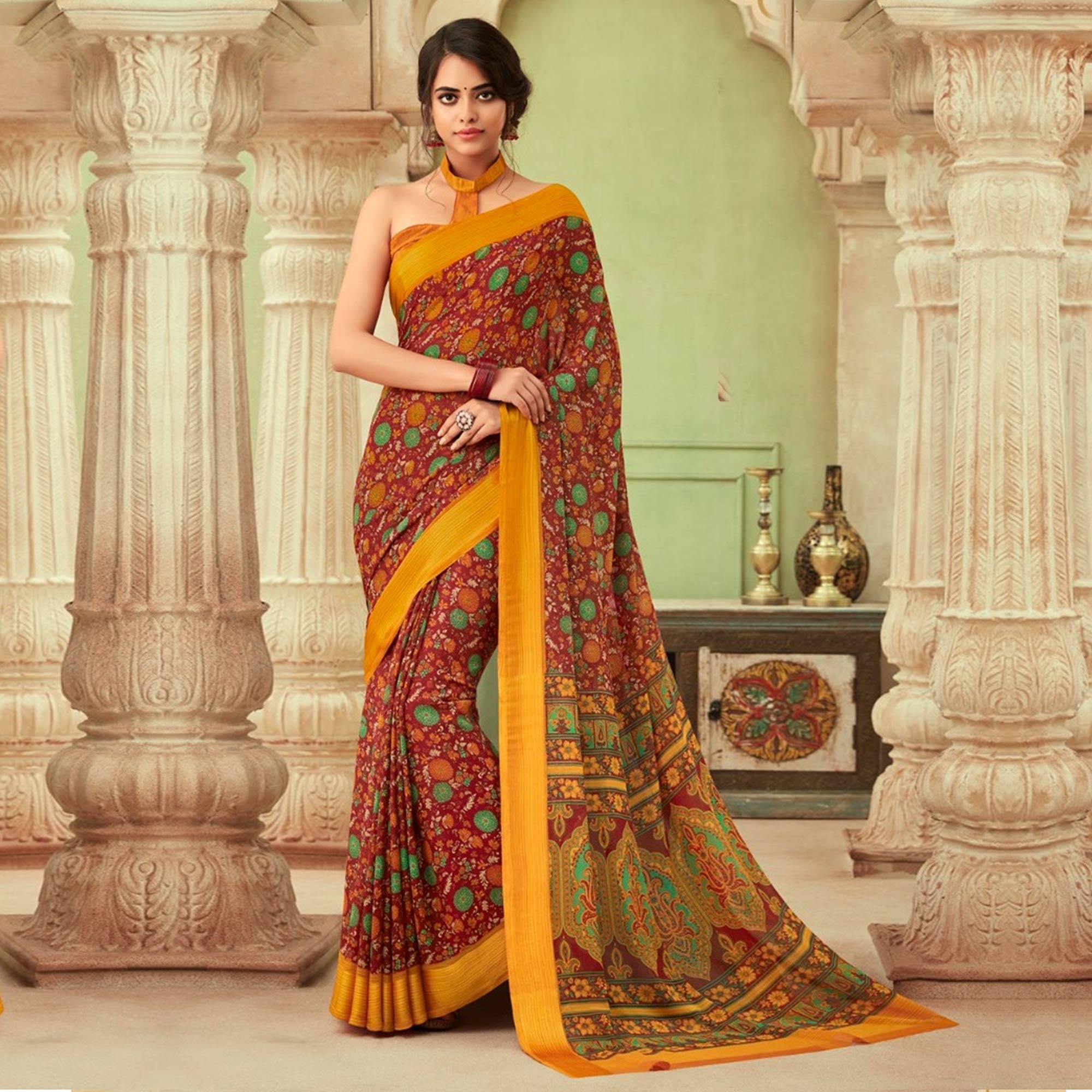 Maroon Floral Printed Chiffon Saree