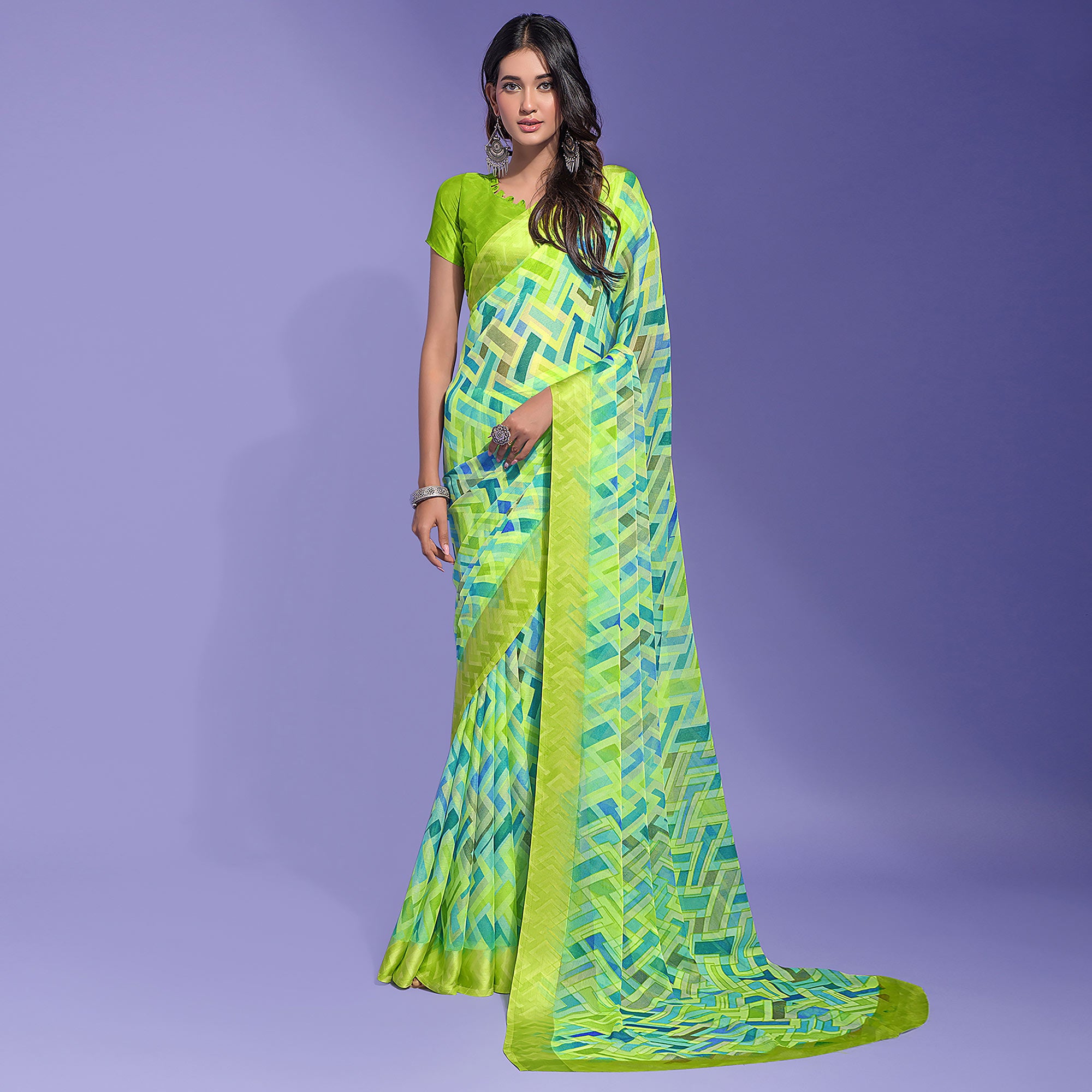 Green Geometric Printed Chiffon Saree