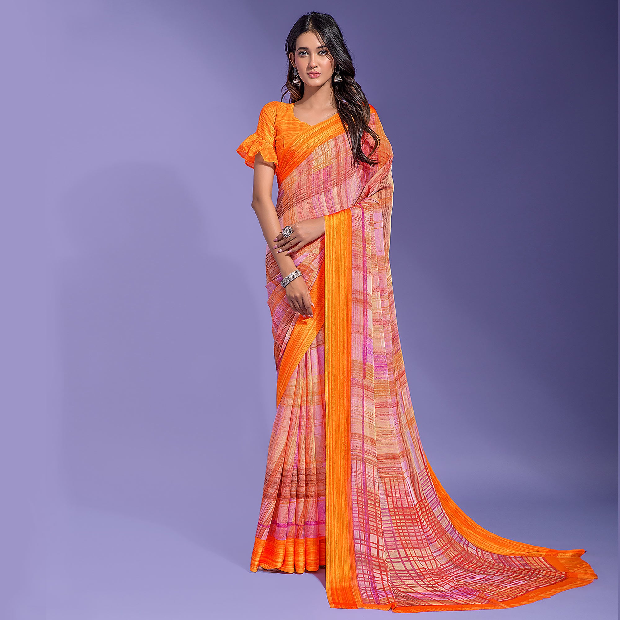 Orange Printed Chiffon Saree