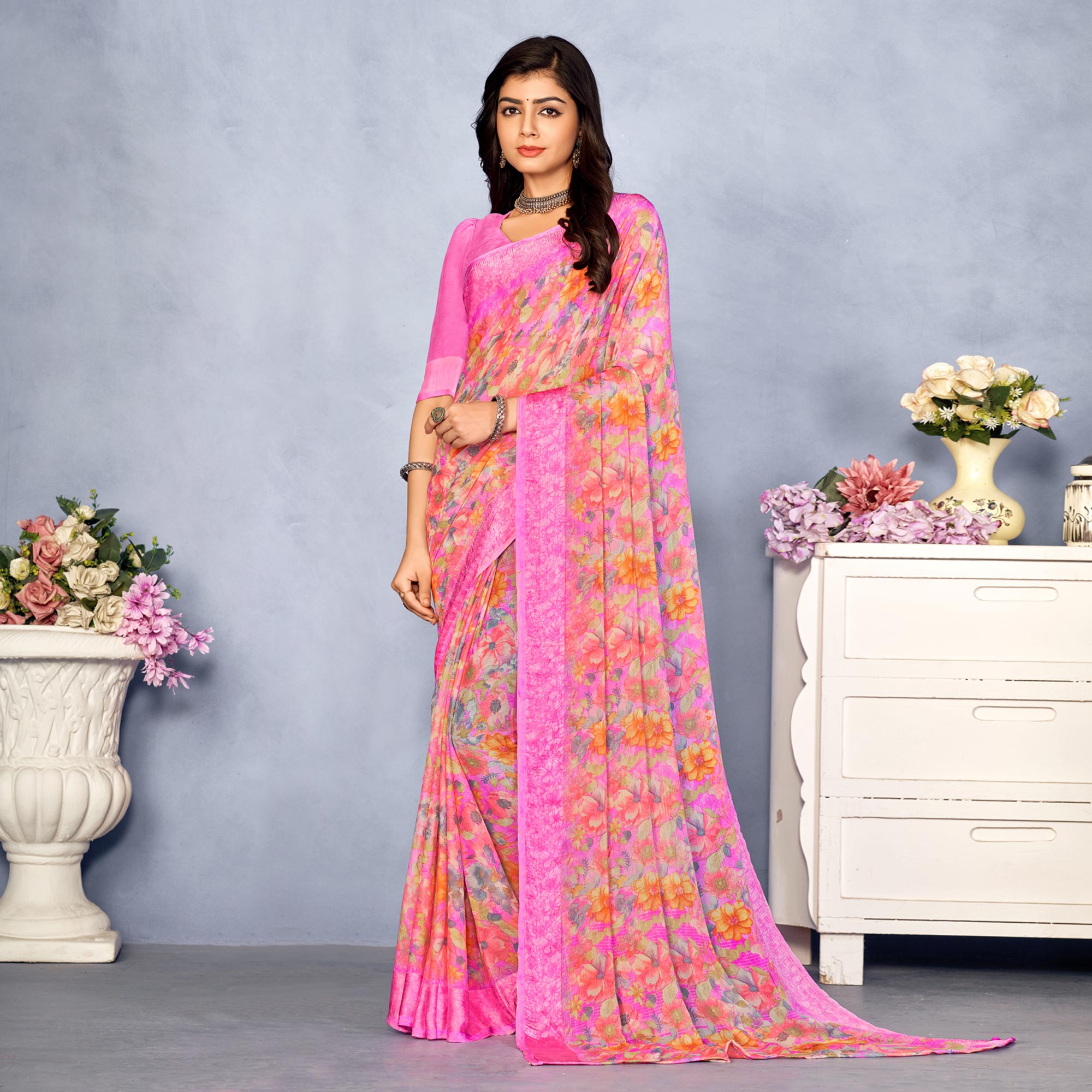 Pink Floral Digital Printed Chiffon Saree