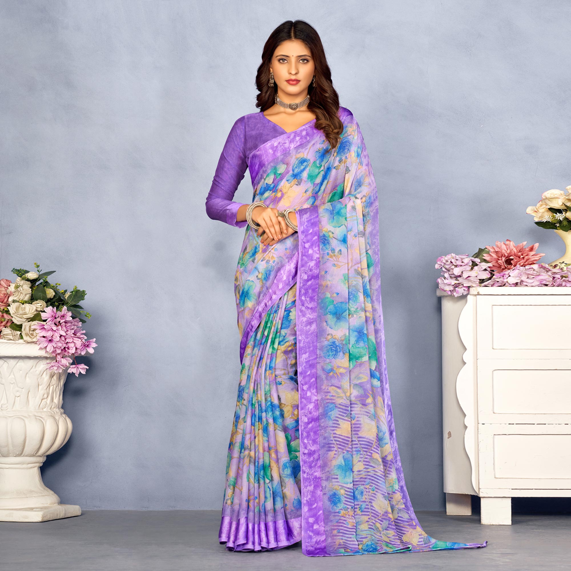 Lavender Floral Digital Printed Chiffon Saree