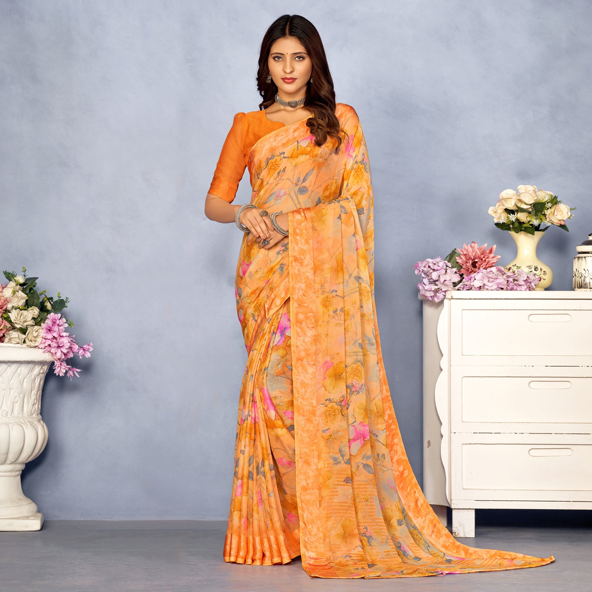 Orange Floral Digital Printed Chiffon Saree