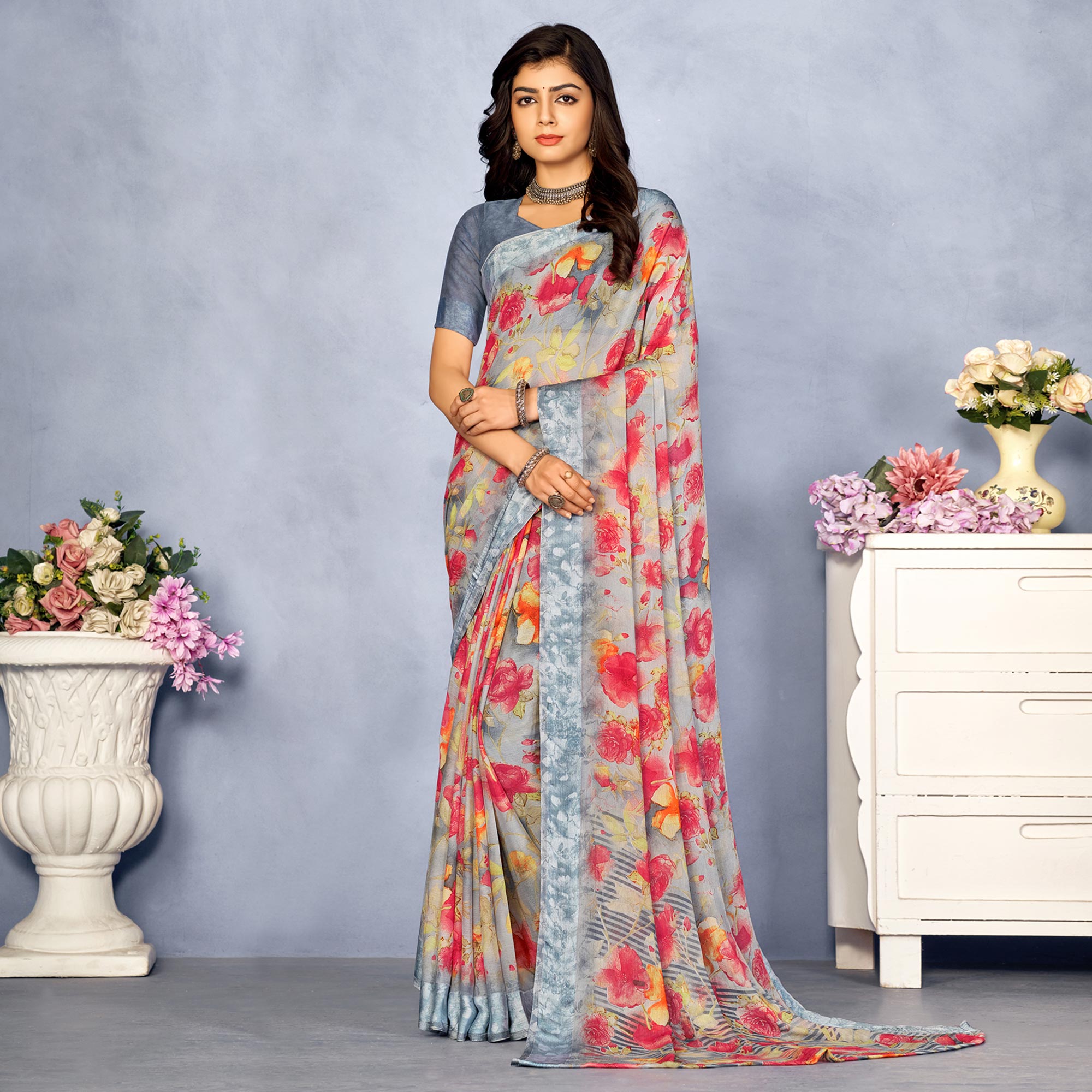 Grey Floral Digital Printed Chiffon Saree