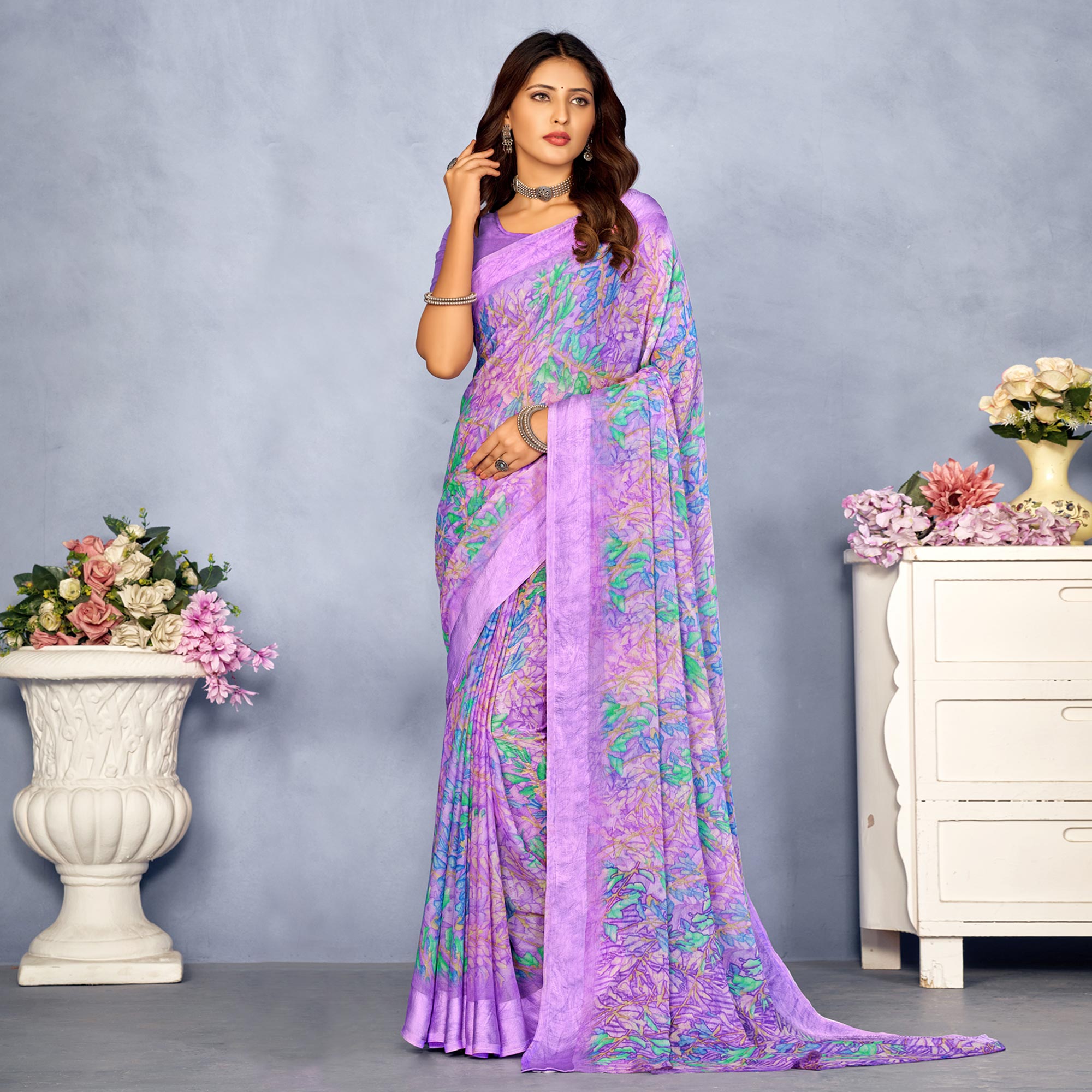 Lavender Floral Digital Printed Chiffon Saree