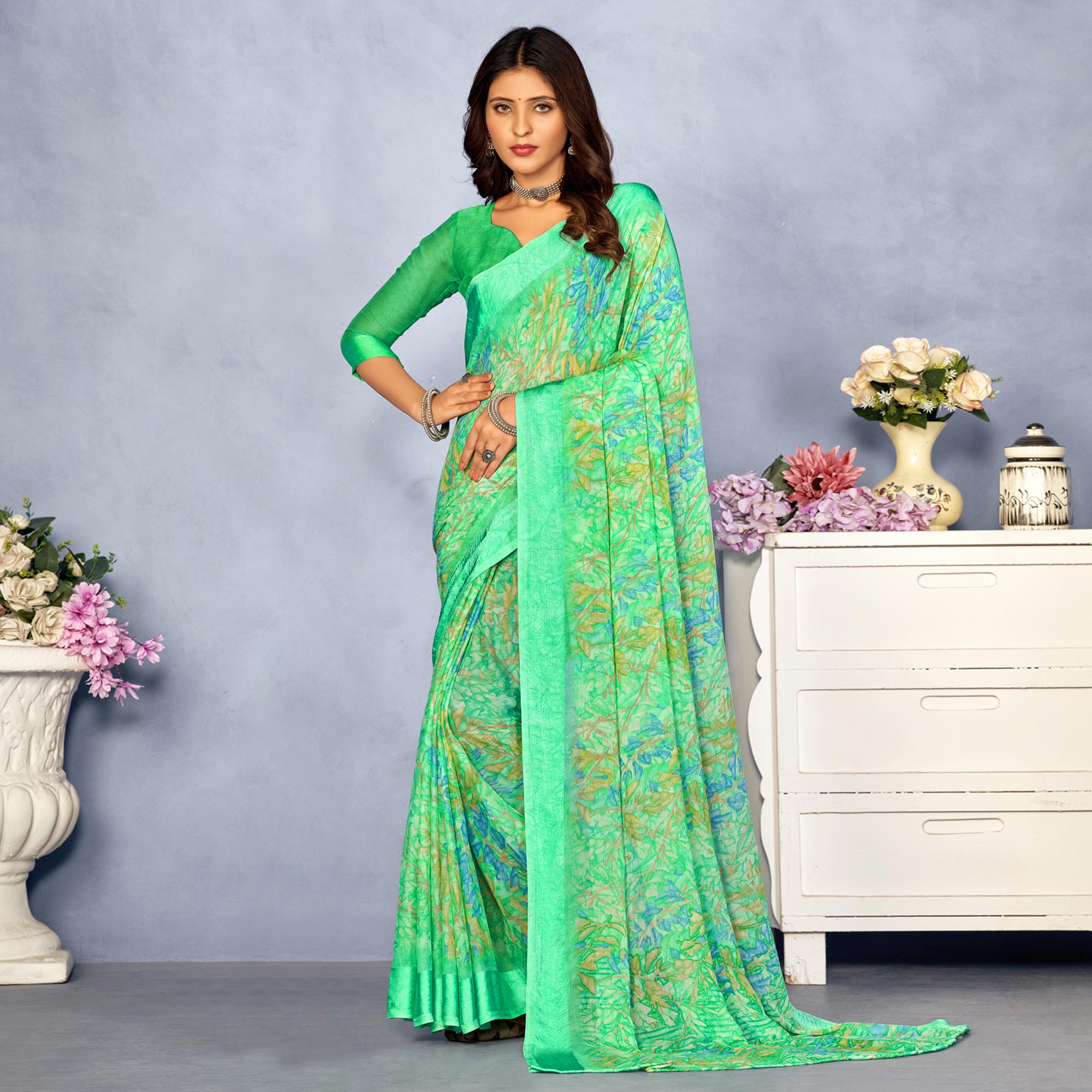 Sea Green Floral Digital Printed Chiffon Saree