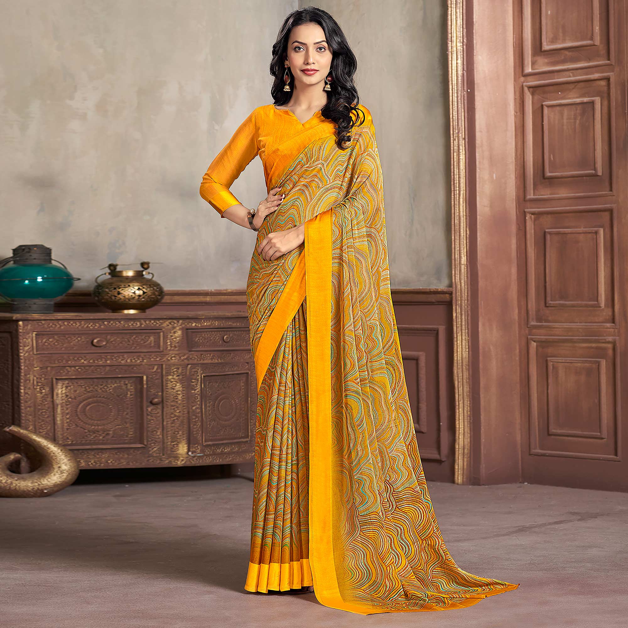 Yellow Printed Chiffon Saree With Woven Border