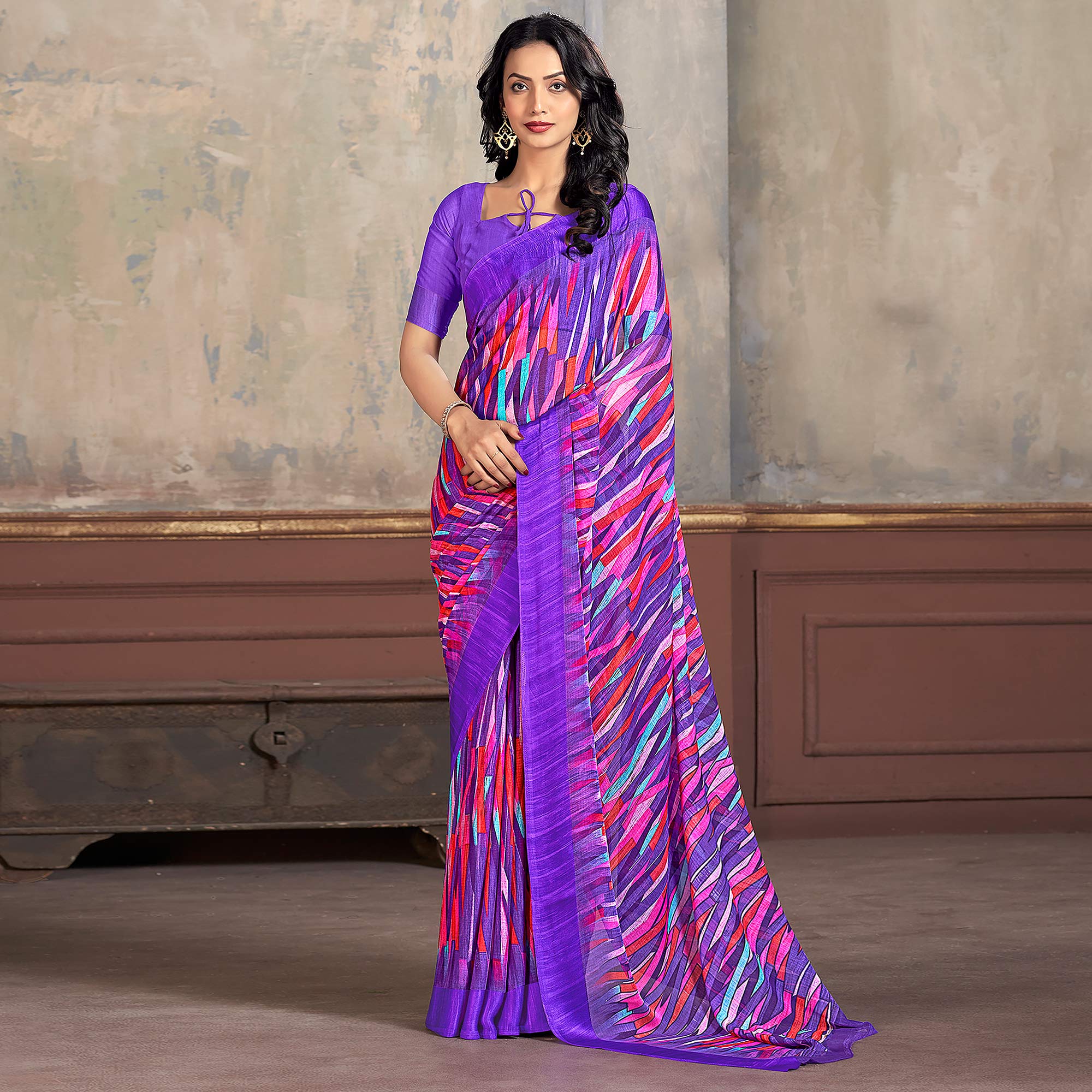 Purple Printed Chiffon Saree With Woven Border