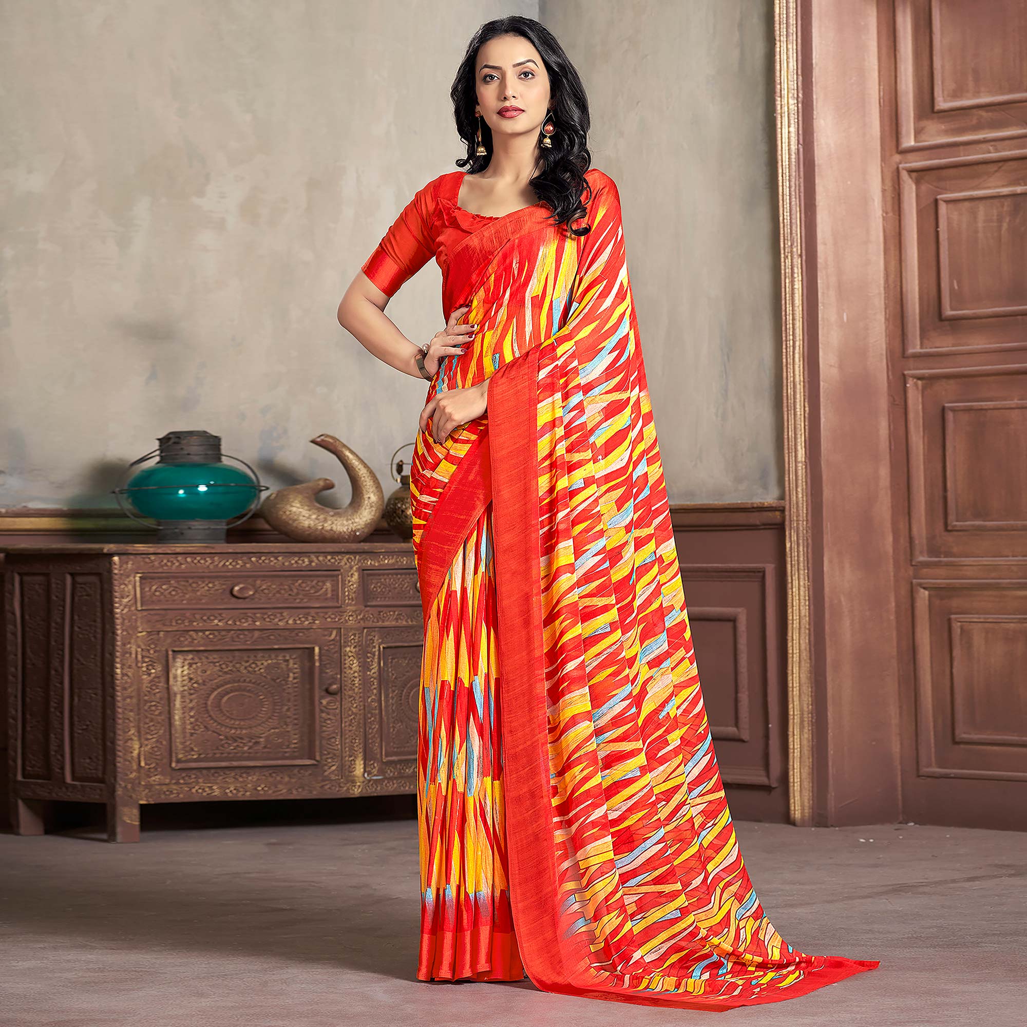 Red Printed Chiffon Saree With Woven Border