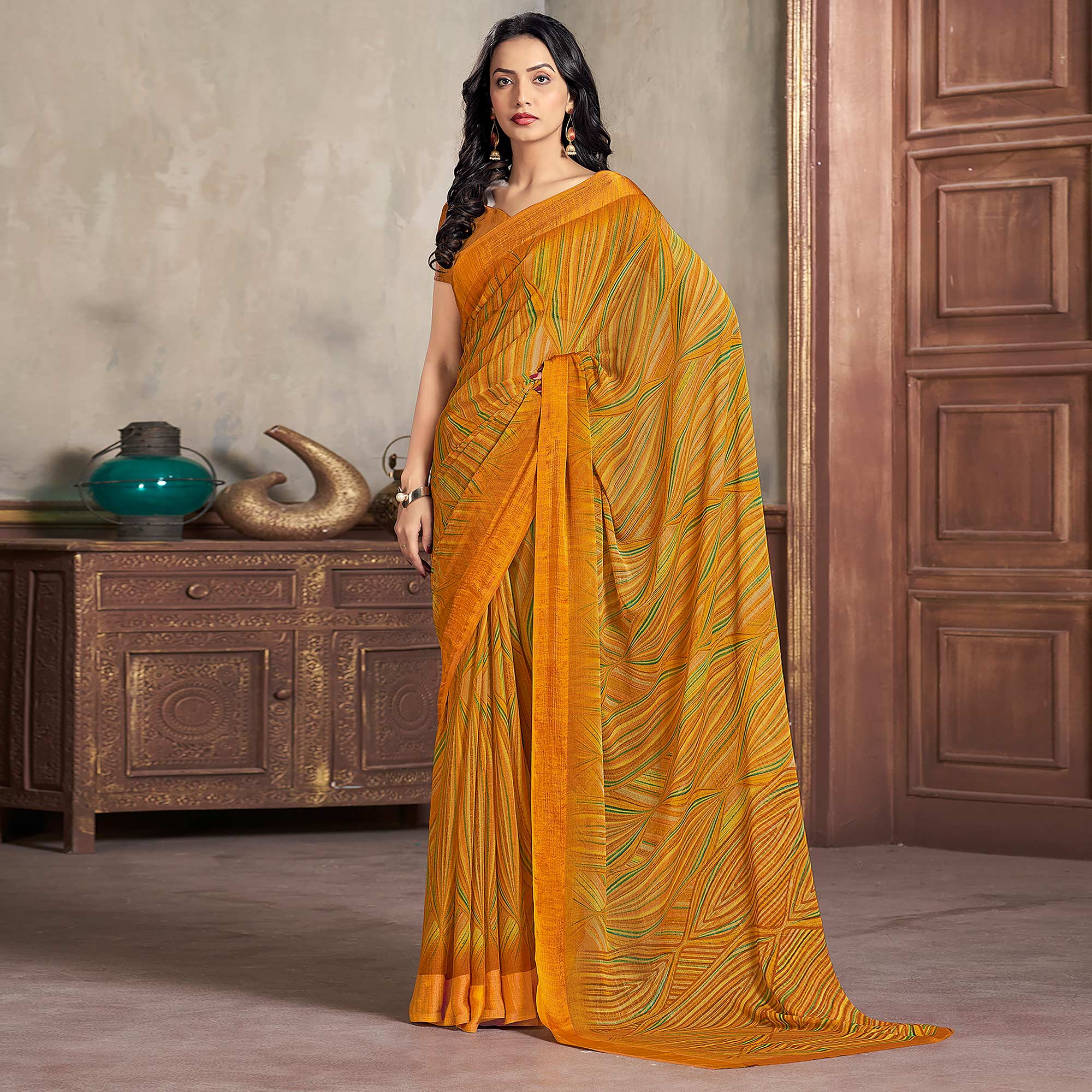 Mustard Printed Chiffon Saree With Woven Border