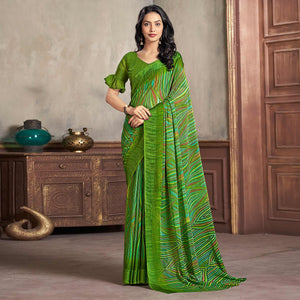 Green Printed Chiffon Saree With Woven Border