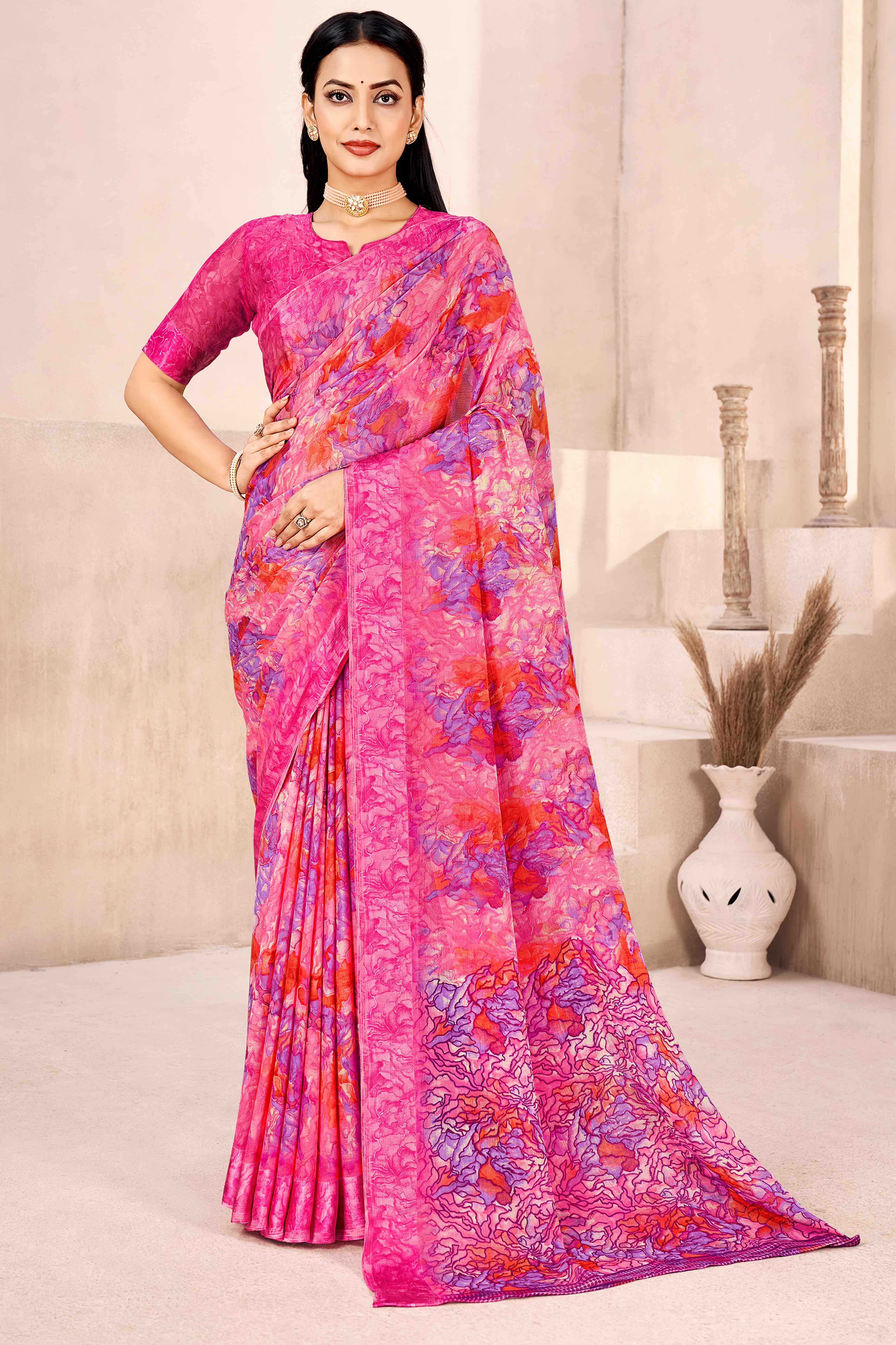 Magenta Chiffon Saree With Delicate Floral Prints & Elegant Woven Border