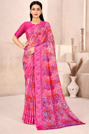 Magenta Chiffon Saree With Delicate Floral Prints & Elegant Woven Border