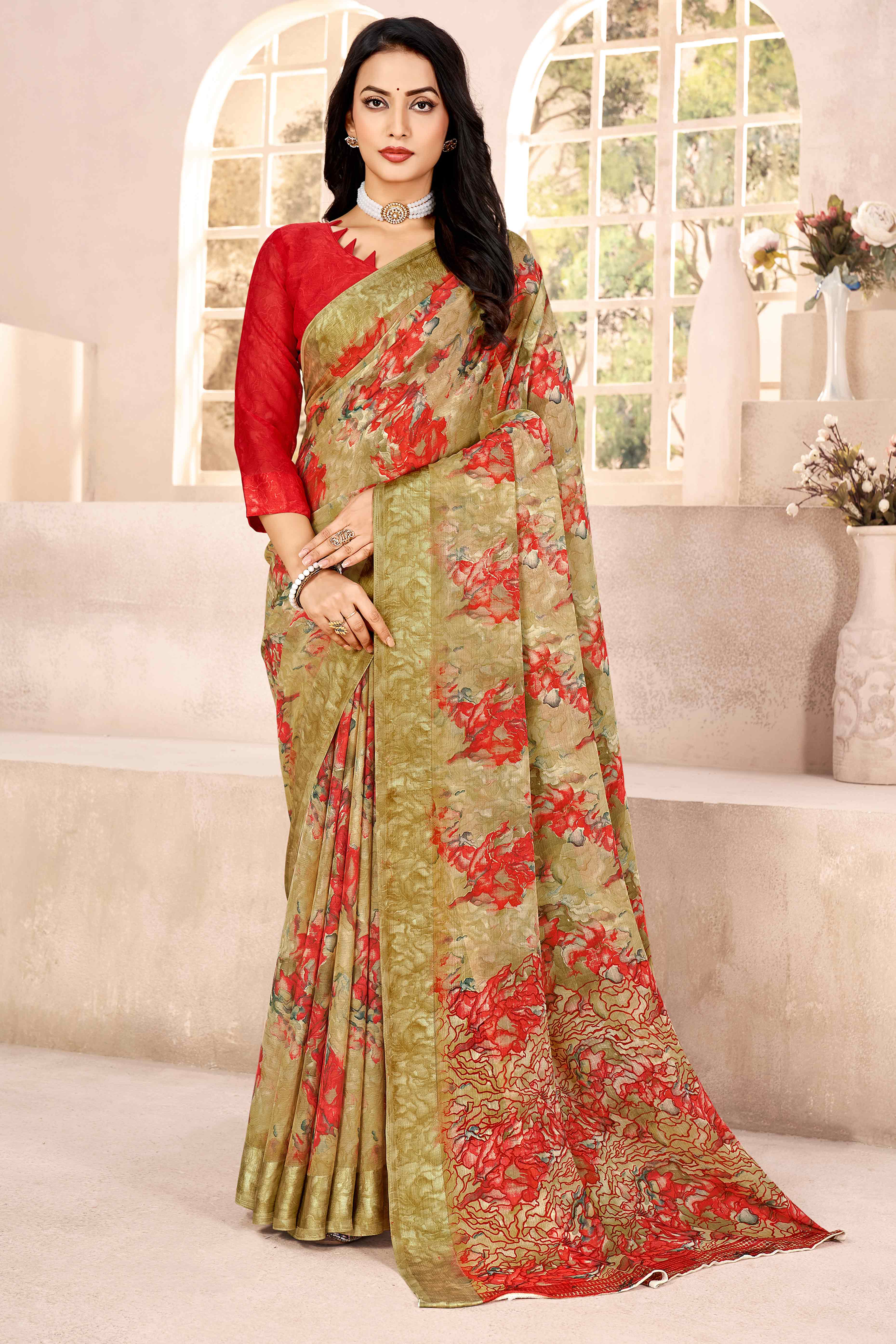 Mehendi Green Chiffon Saree With Delicate Floral Prints & Elegant Woven Border