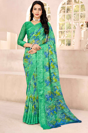 Green Chiffon Saree With Delicate Floral Prints & Elegant Woven Border