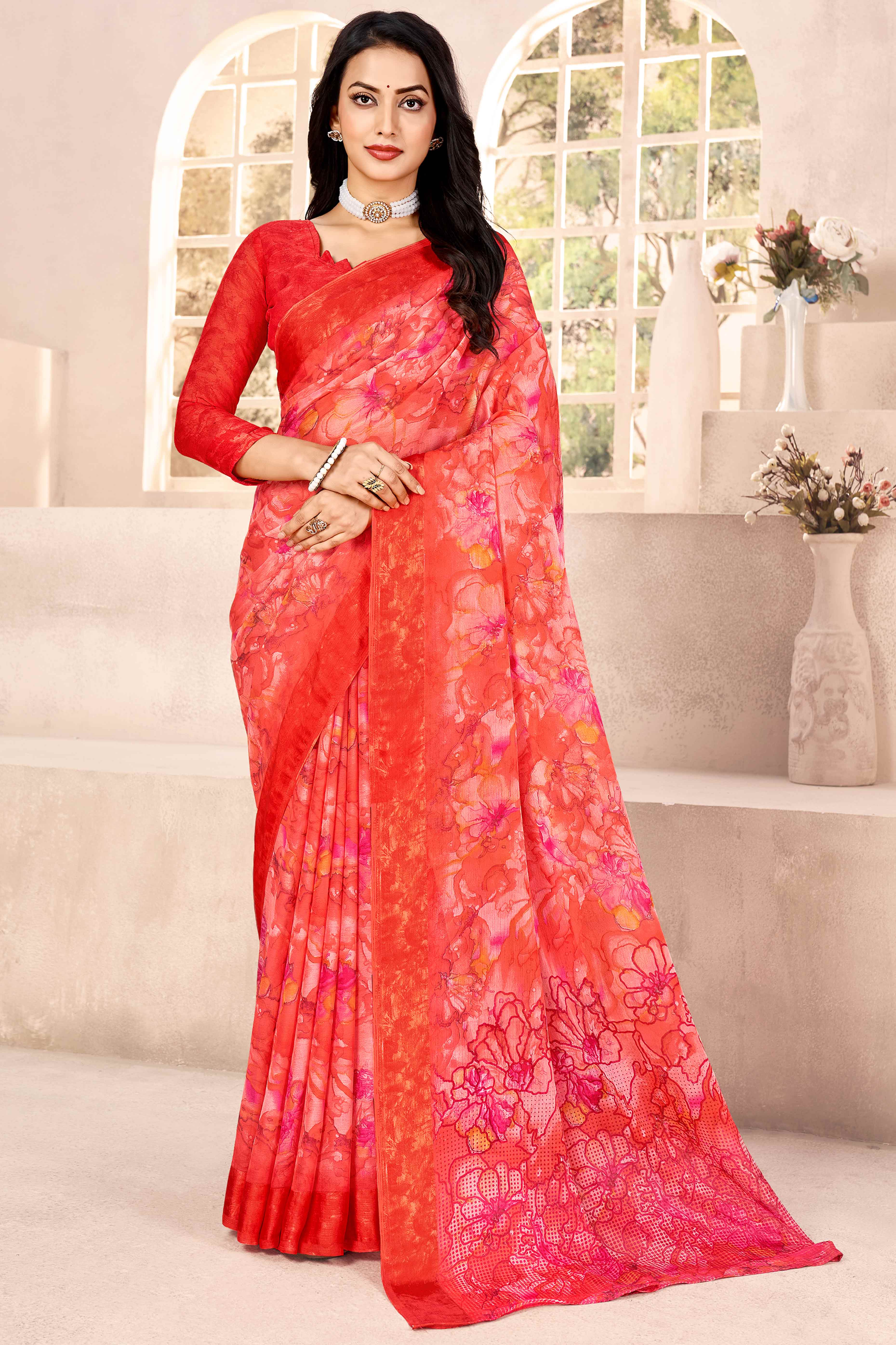 Red Chiffon Saree With Delicate Floral Prints & Elegant Woven Border