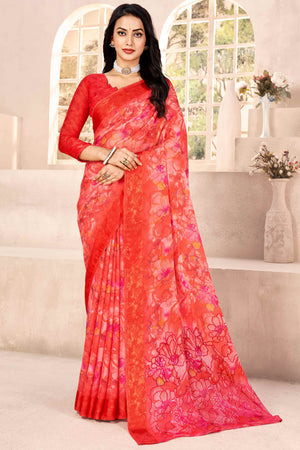Red Chiffon Saree With Delicate Floral Prints & Elegant Woven Border