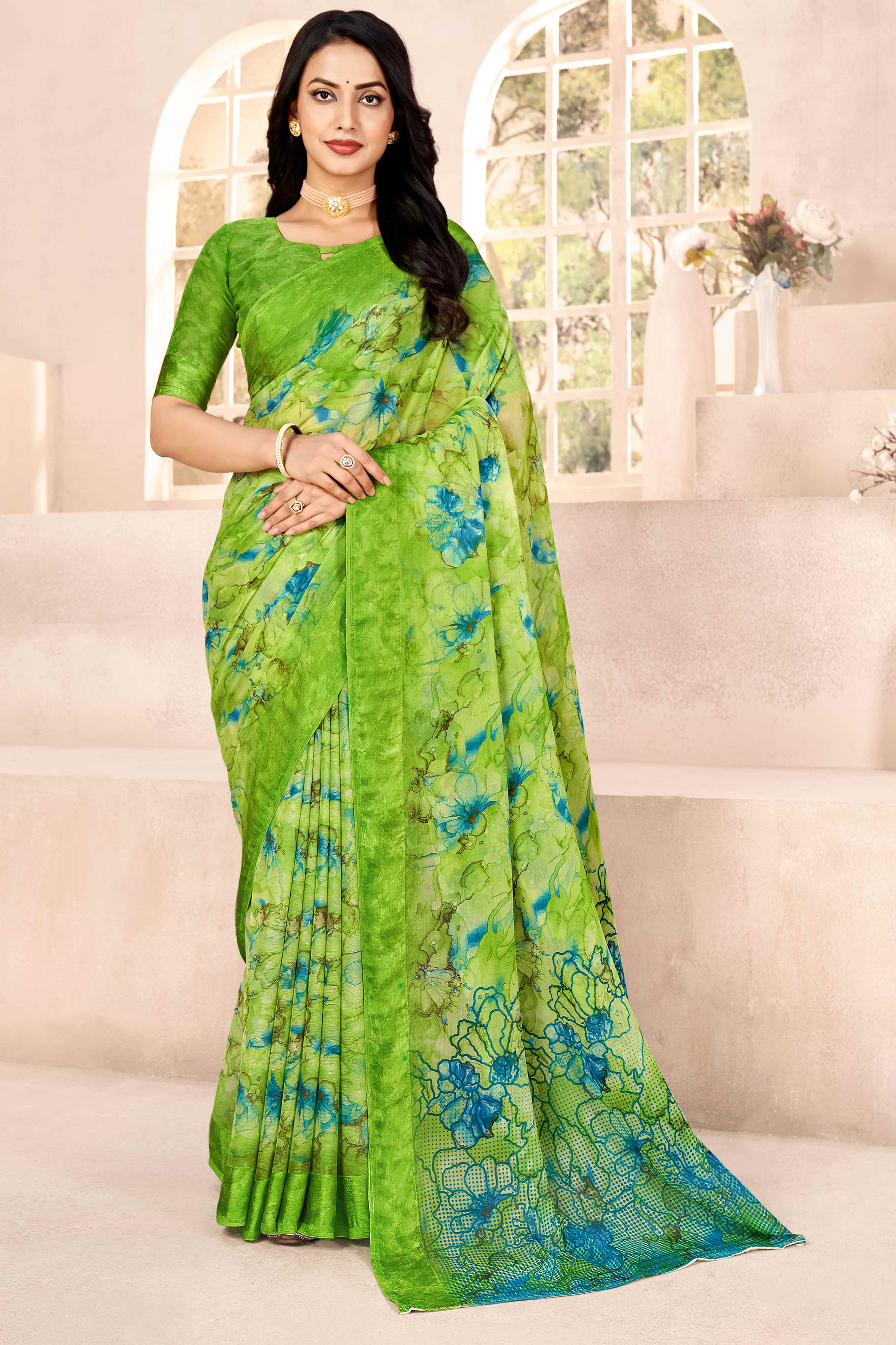 Green Chiffon Saree With Delicate Floral Prints & Elegant Woven Border
