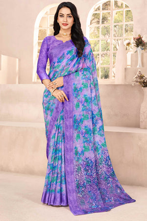 Lavender Chiffon Saree With Delicate Floral Prints & Elegant Woven Border