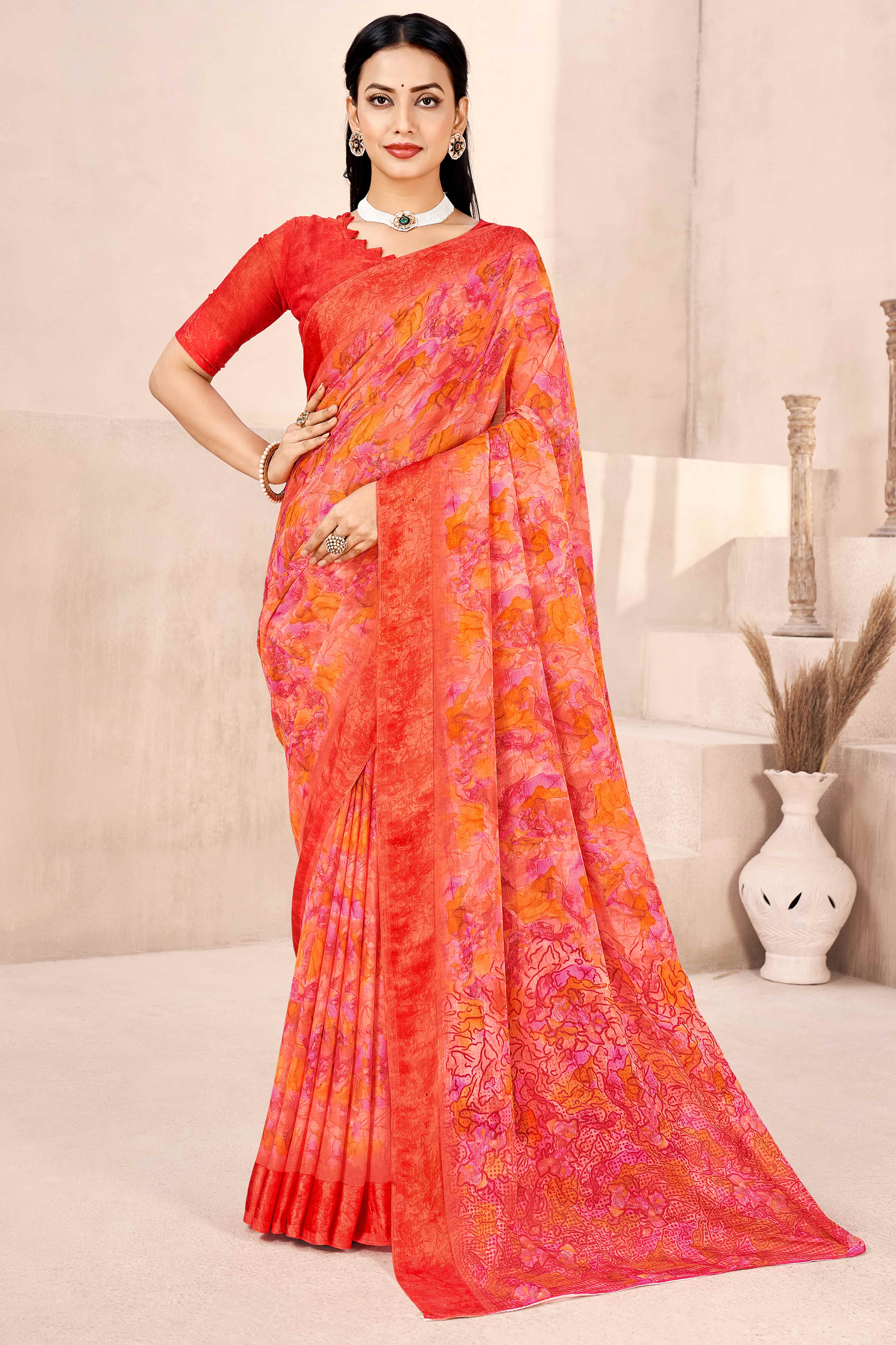 Red Chiffon Saree With Delicate Floral Prints & Elegant Woven Border