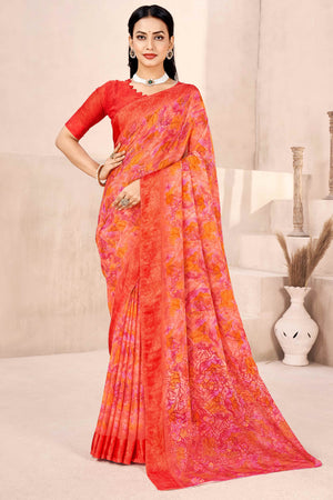 Red Chiffon Saree With Delicate Floral Prints & Elegant Woven Border