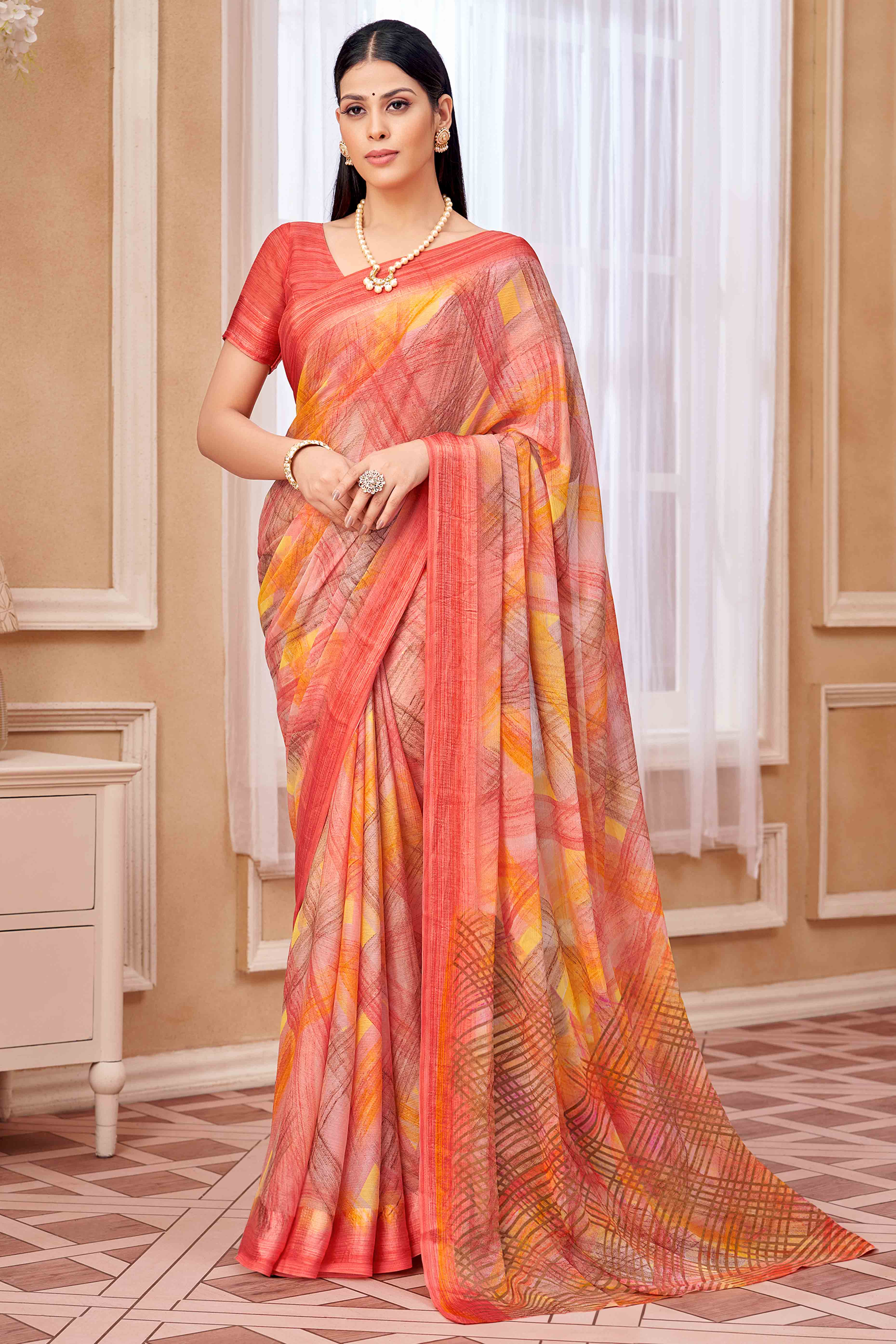 Salmon Pink Chiffon Saree With Delicate Prints & Elegant Satin Woven Border