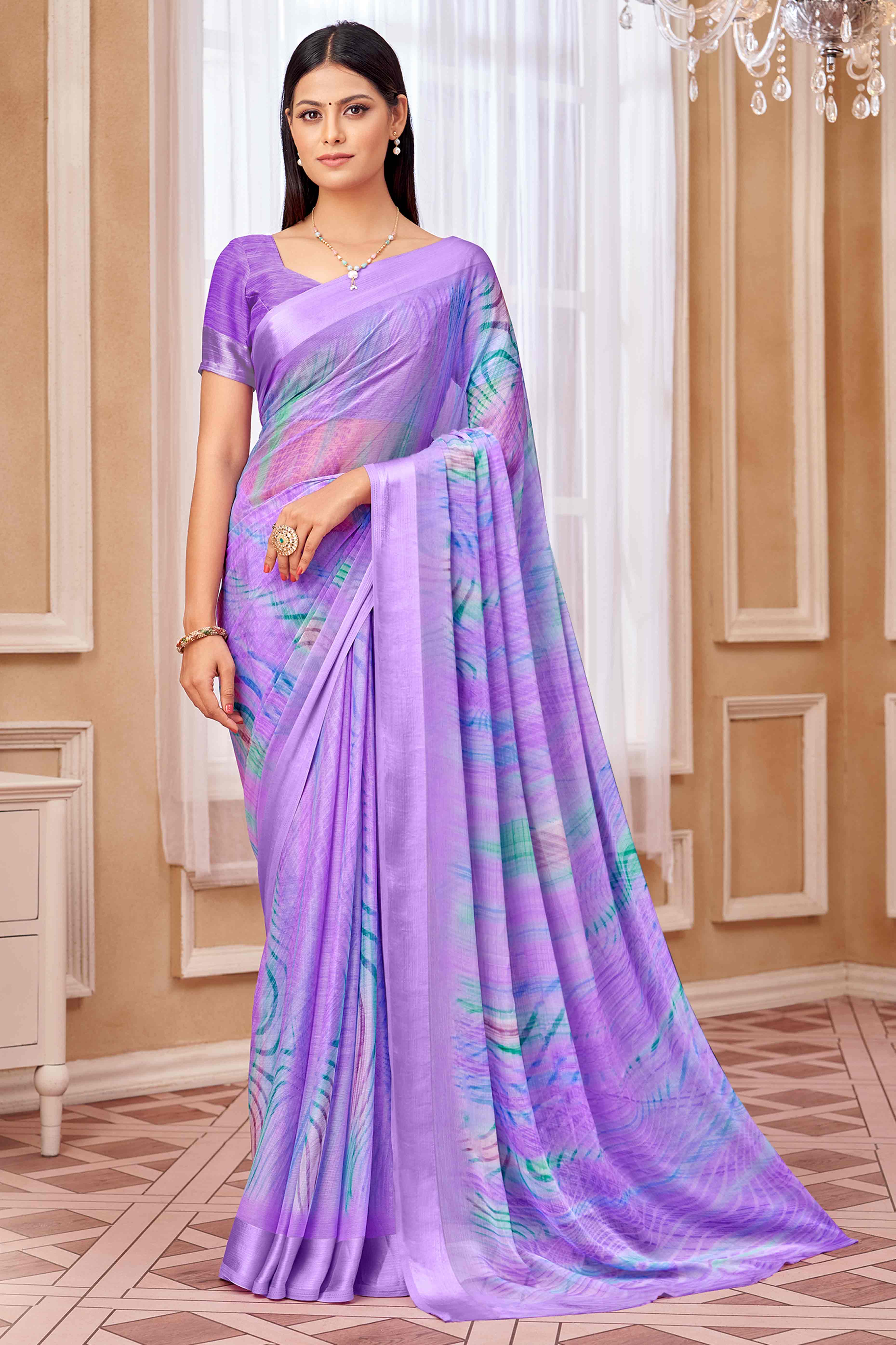 Lavender Chiffon Saree With Delicate Prints & Elegant Satin Woven Border