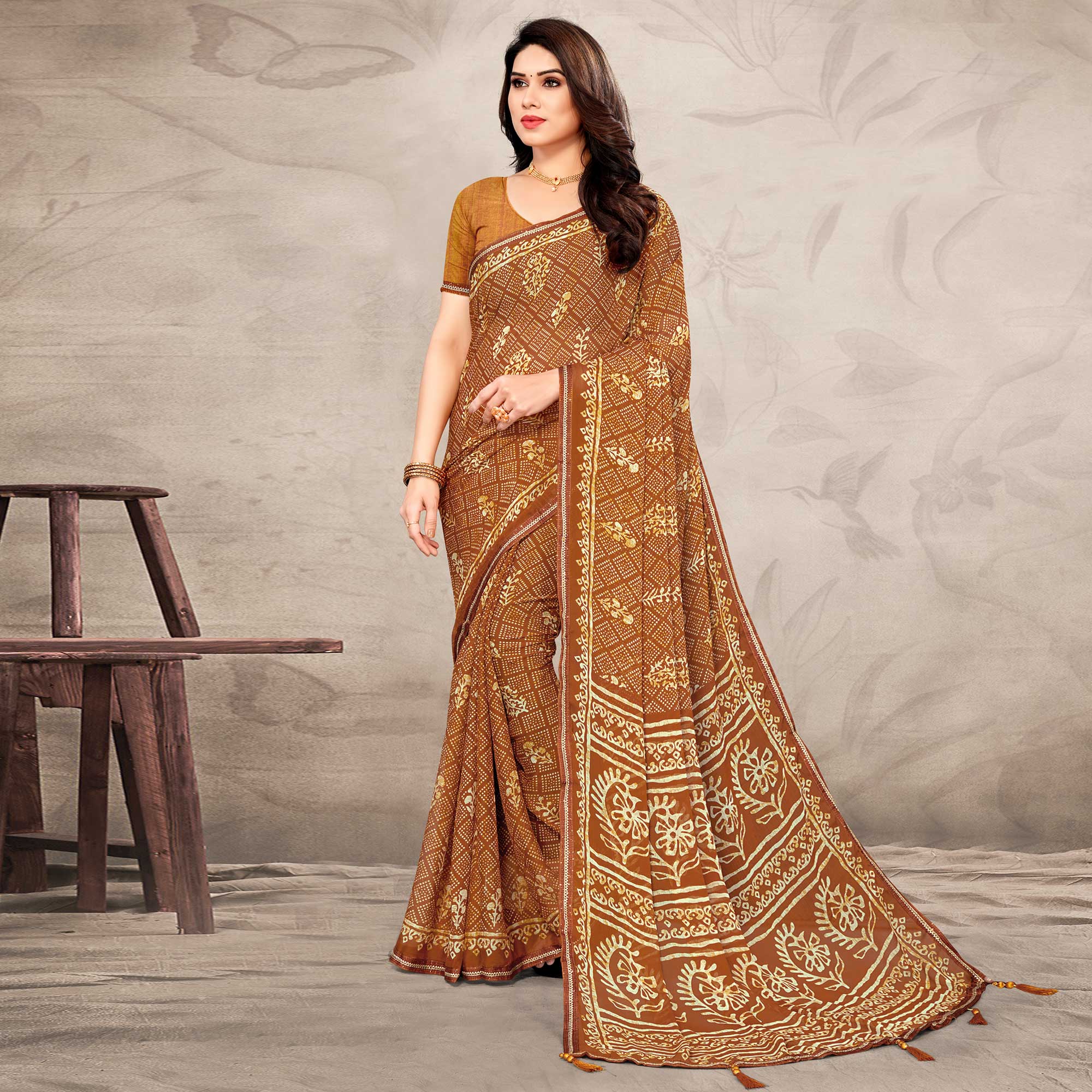 Mustard Floral Printed Chiffon Saree