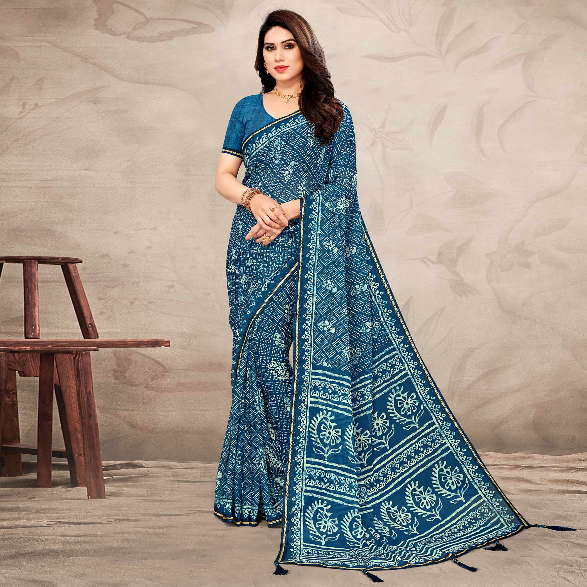 Blue Floral Printed Chiffon Saree