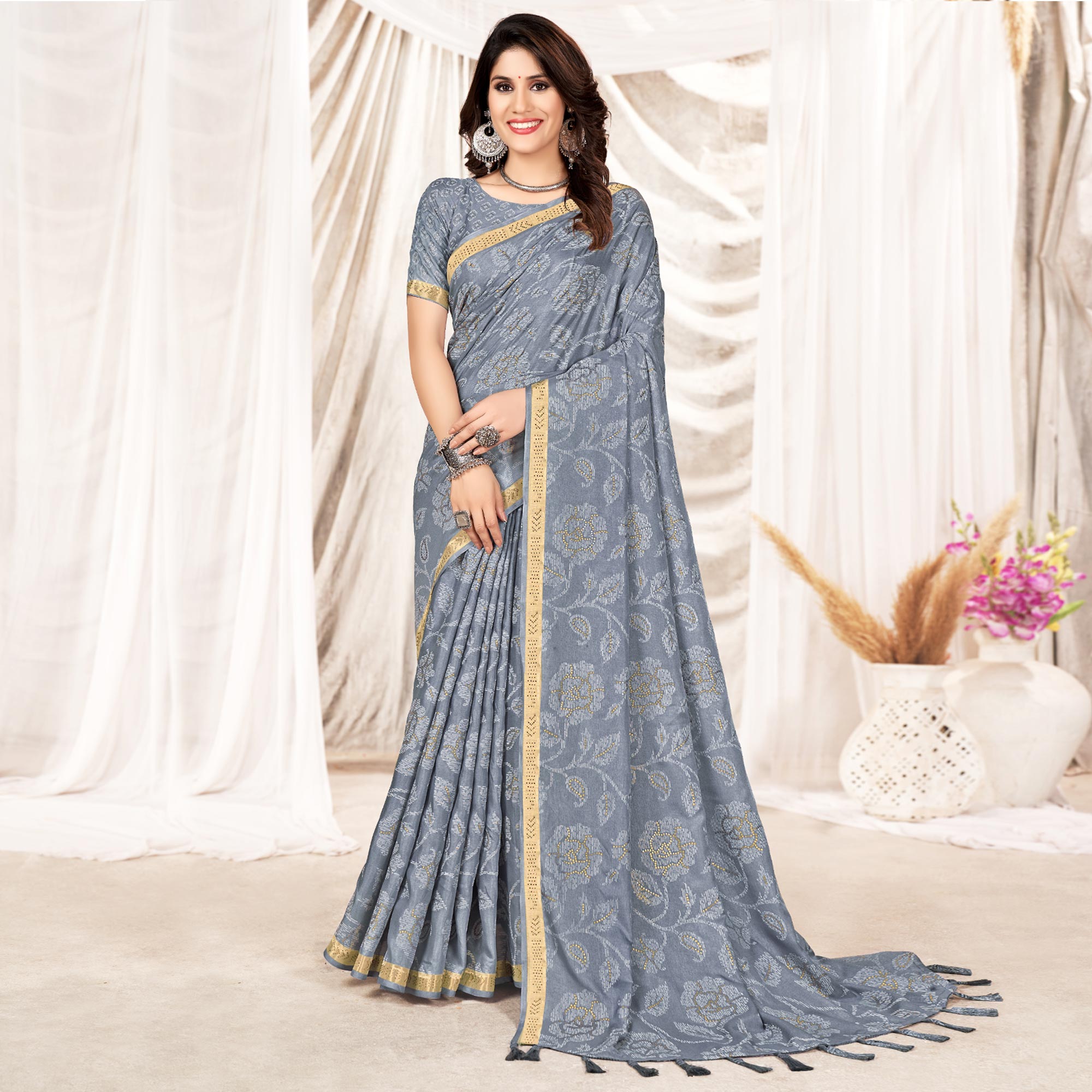 Grey Foil Printed Tussar Silk Saree With Tassels
