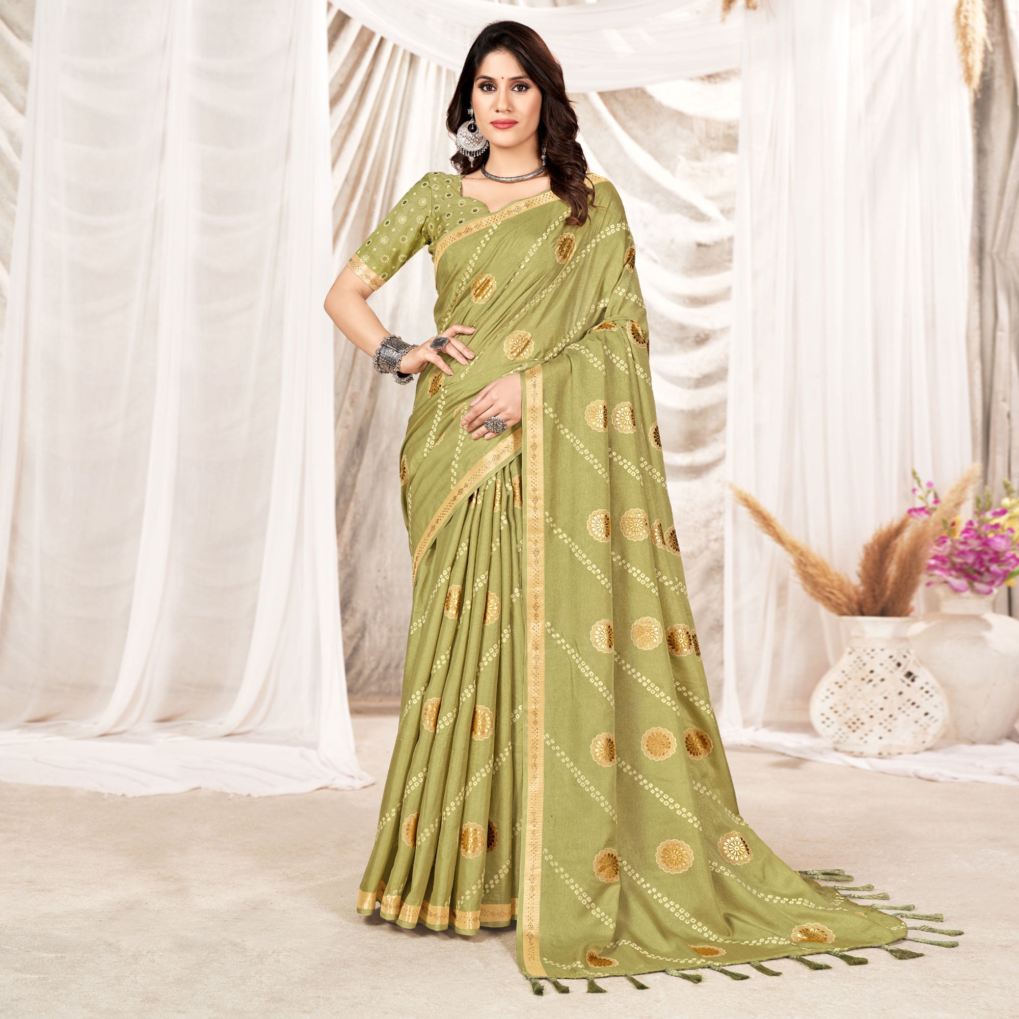 Pista Green Foil Printed Tussar Silk Saree With Tassels