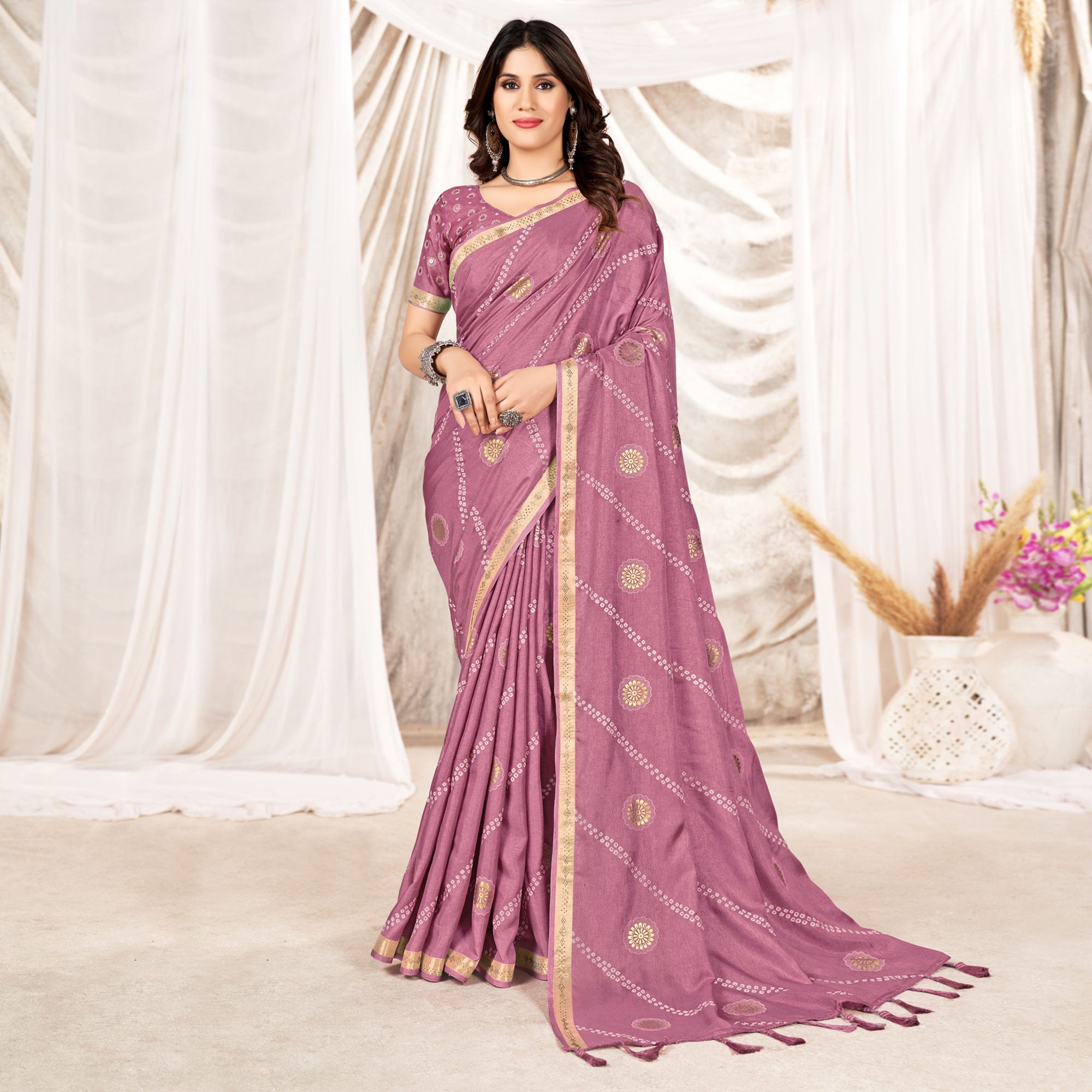 Dusty Pink Foil Printed Tussar Silk Saree With Tassels