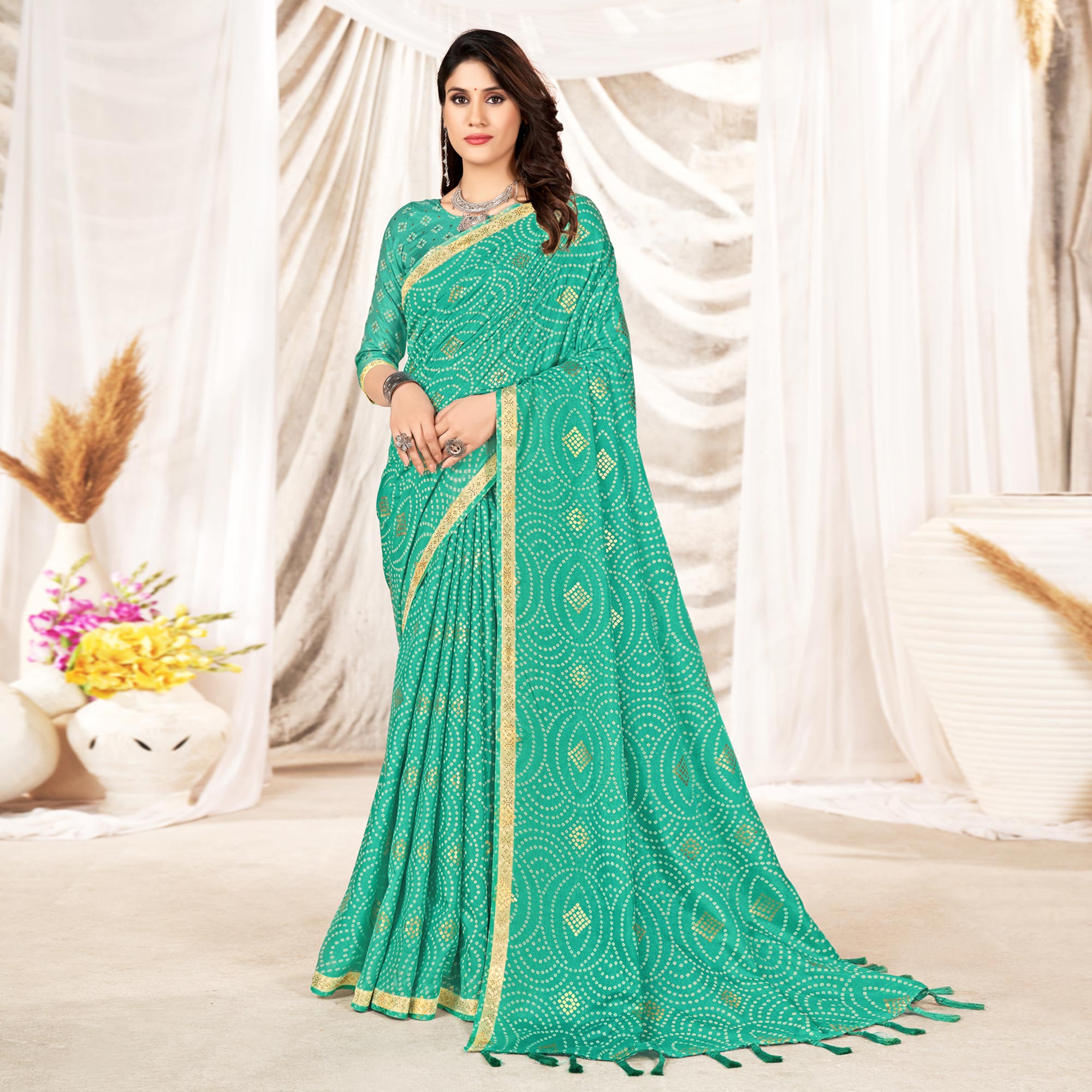 Turquoise Foil Printed Tussar Silk Saree With Tassels