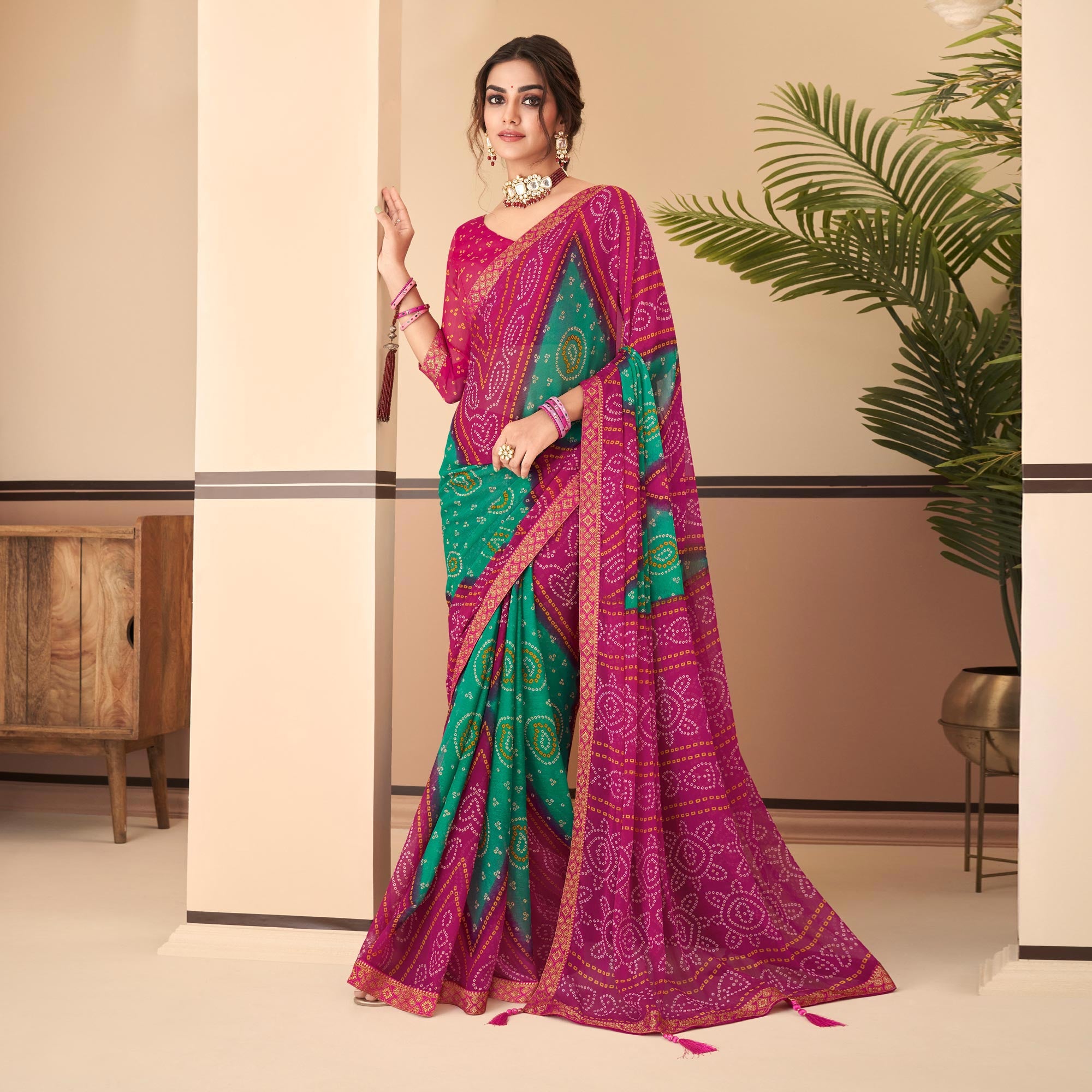 Magenta & Green Bandhani Printed Chiffon Saree With Lace Border