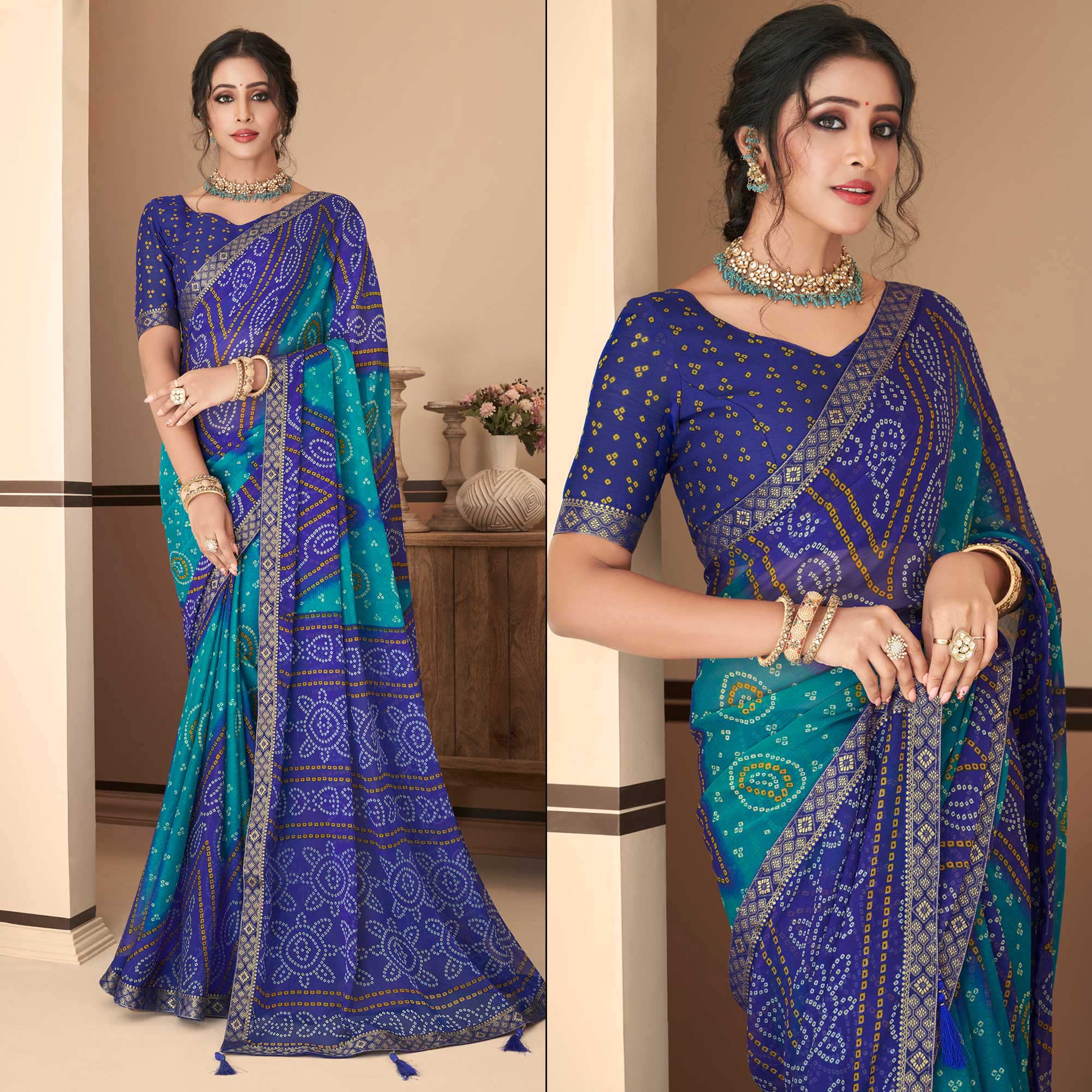 Blue Bandhani Printed Chiffon Saree With Lace Border