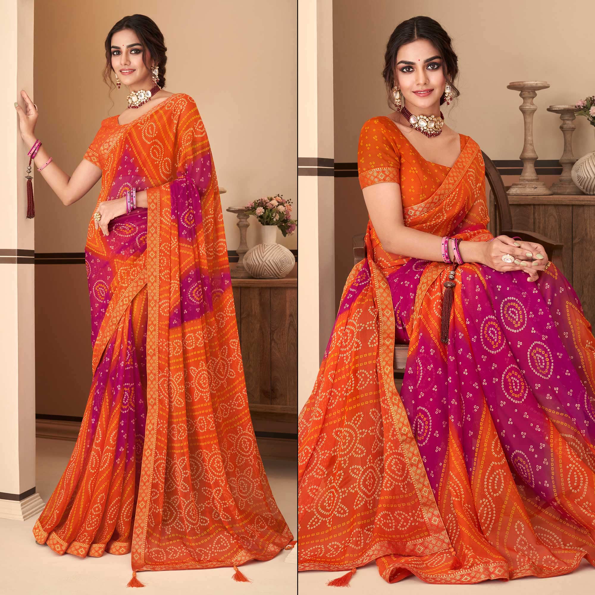 Orange & Magenta Bandhani Printed Chiffon Saree With Lace Border