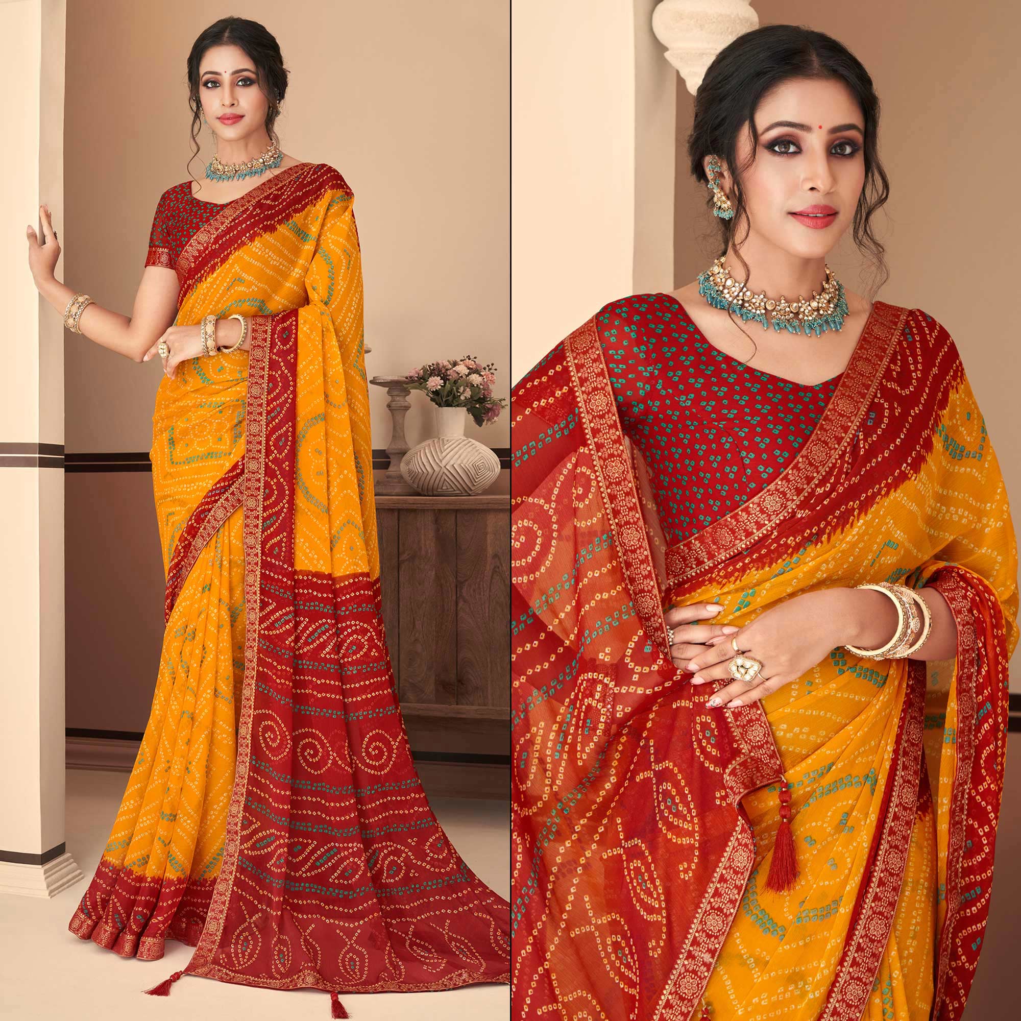 Yellow & Maroon Bandhani Printed Chiffon Saree With Lace Border