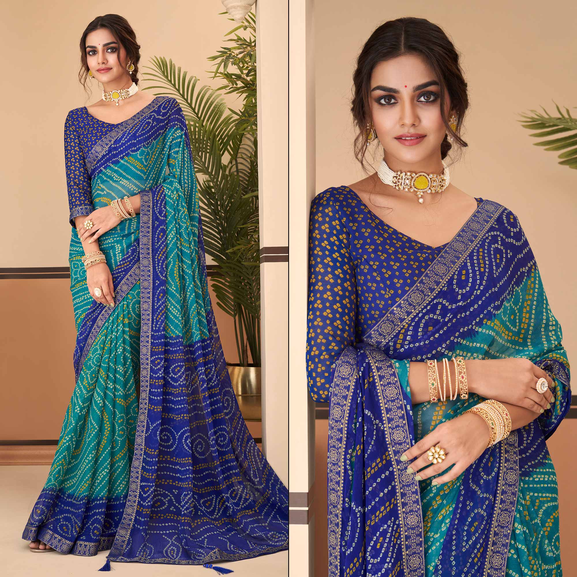 Teal & Blue Bandhani Printed Chiffon Saree With Lace Border