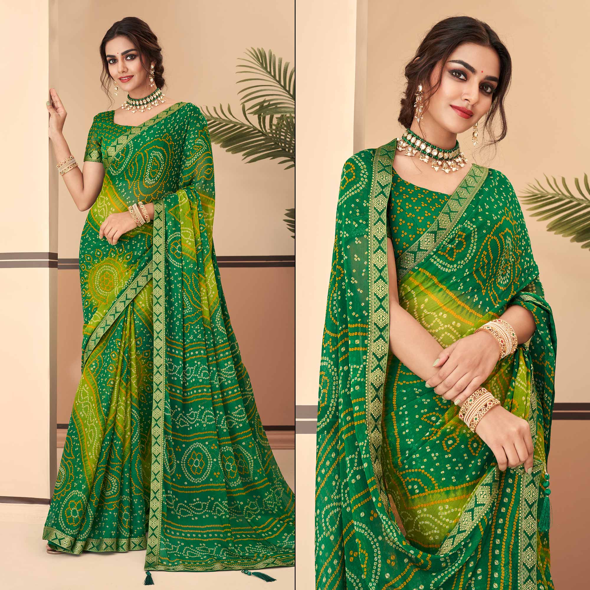 Green Bandhani Printed Chiffon Saree With Lace Border