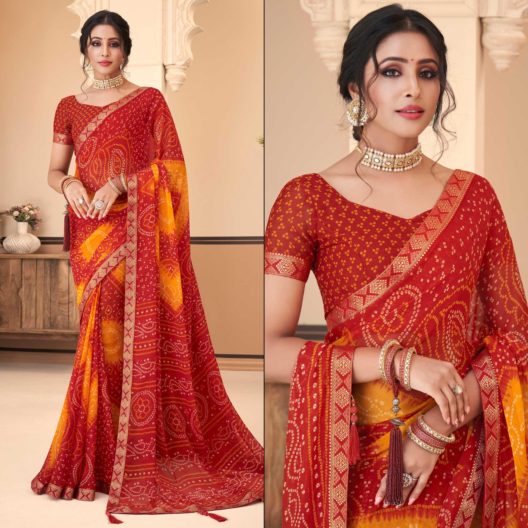 Red & Yellow Bandhani Printed Chiffon Saree With Lace Border