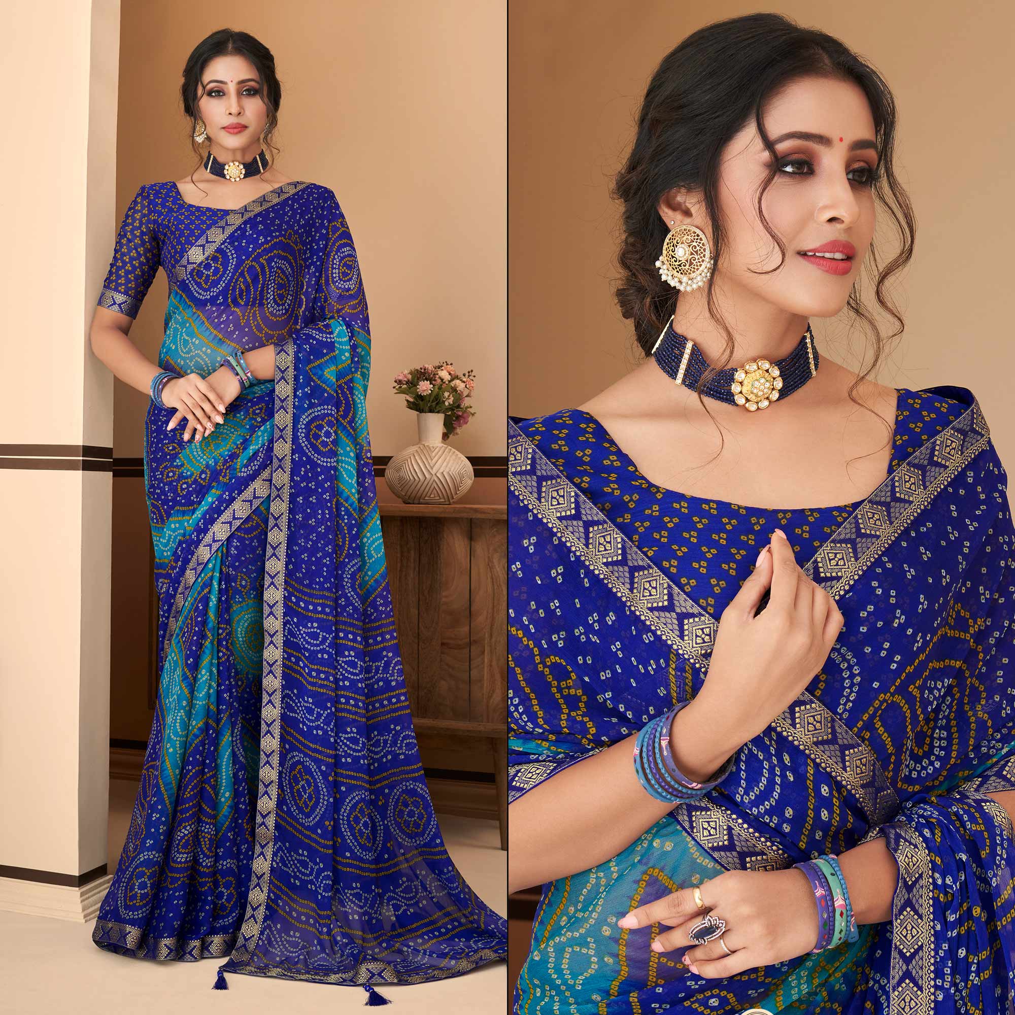 Blue Bandhani Printed Chiffon Saree With Lace Border