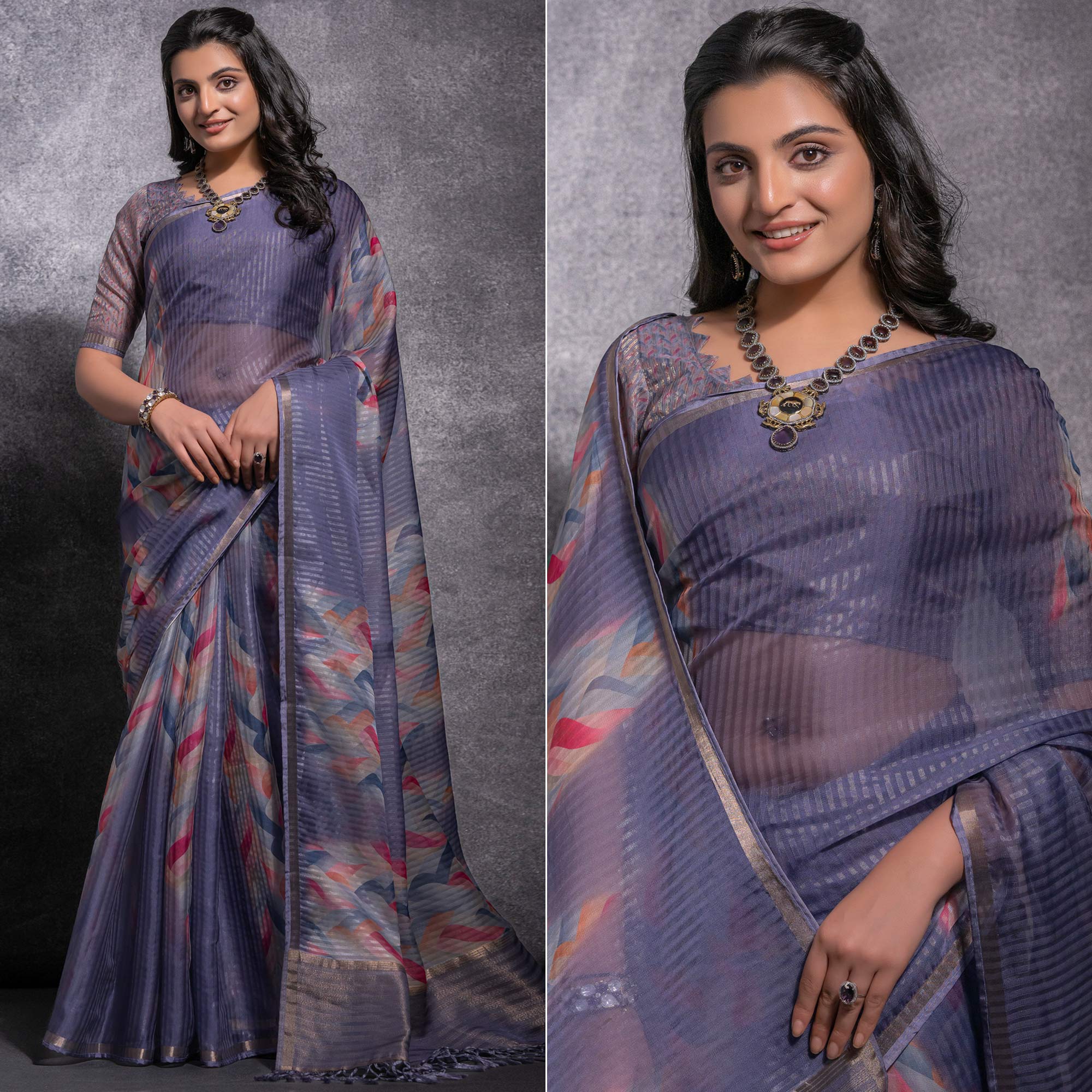 Purple Digital Printed Linen Saree With Woven Border